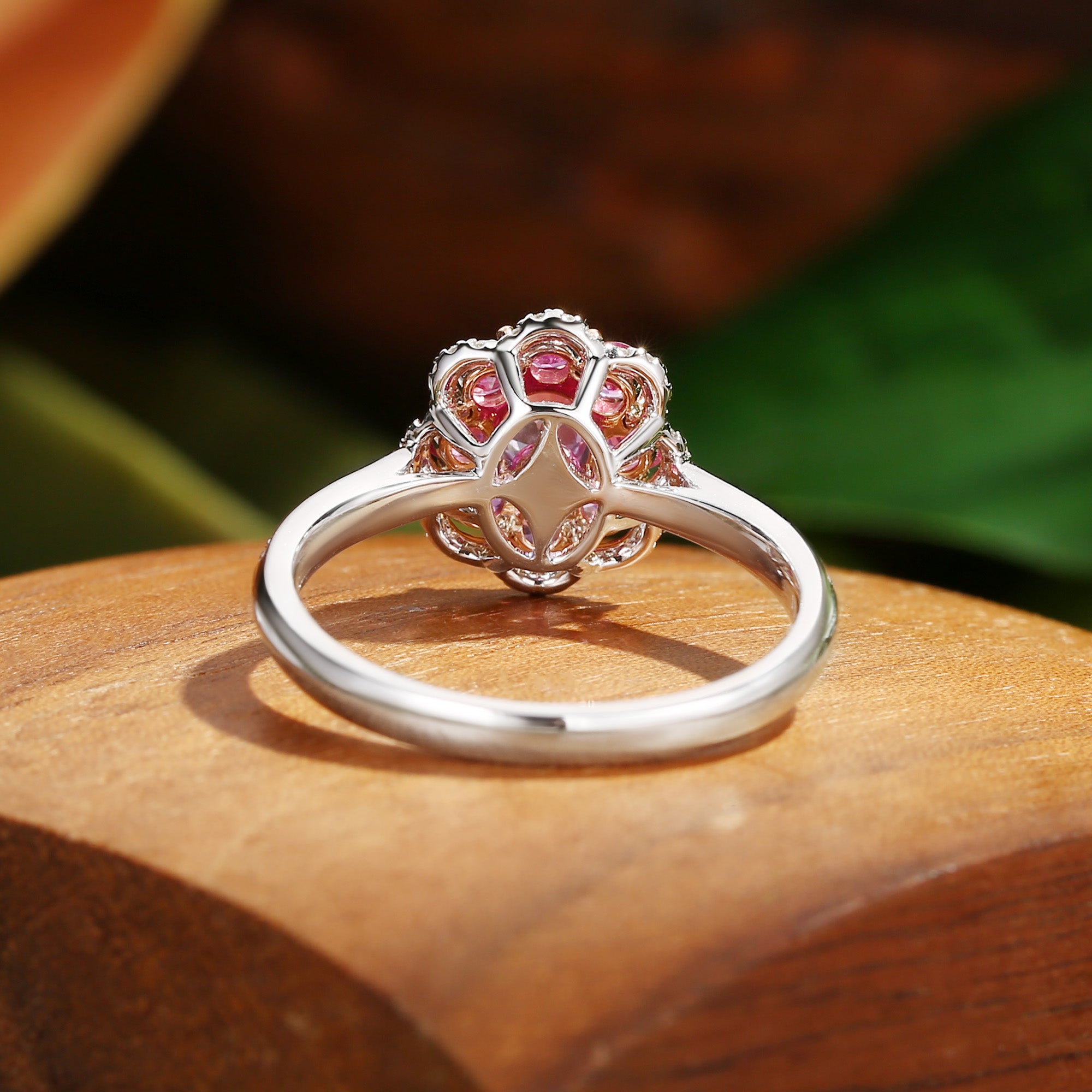 Odessa - Flower Oval Cut Pink Sapphire  Bouble Halo Engagement Ring