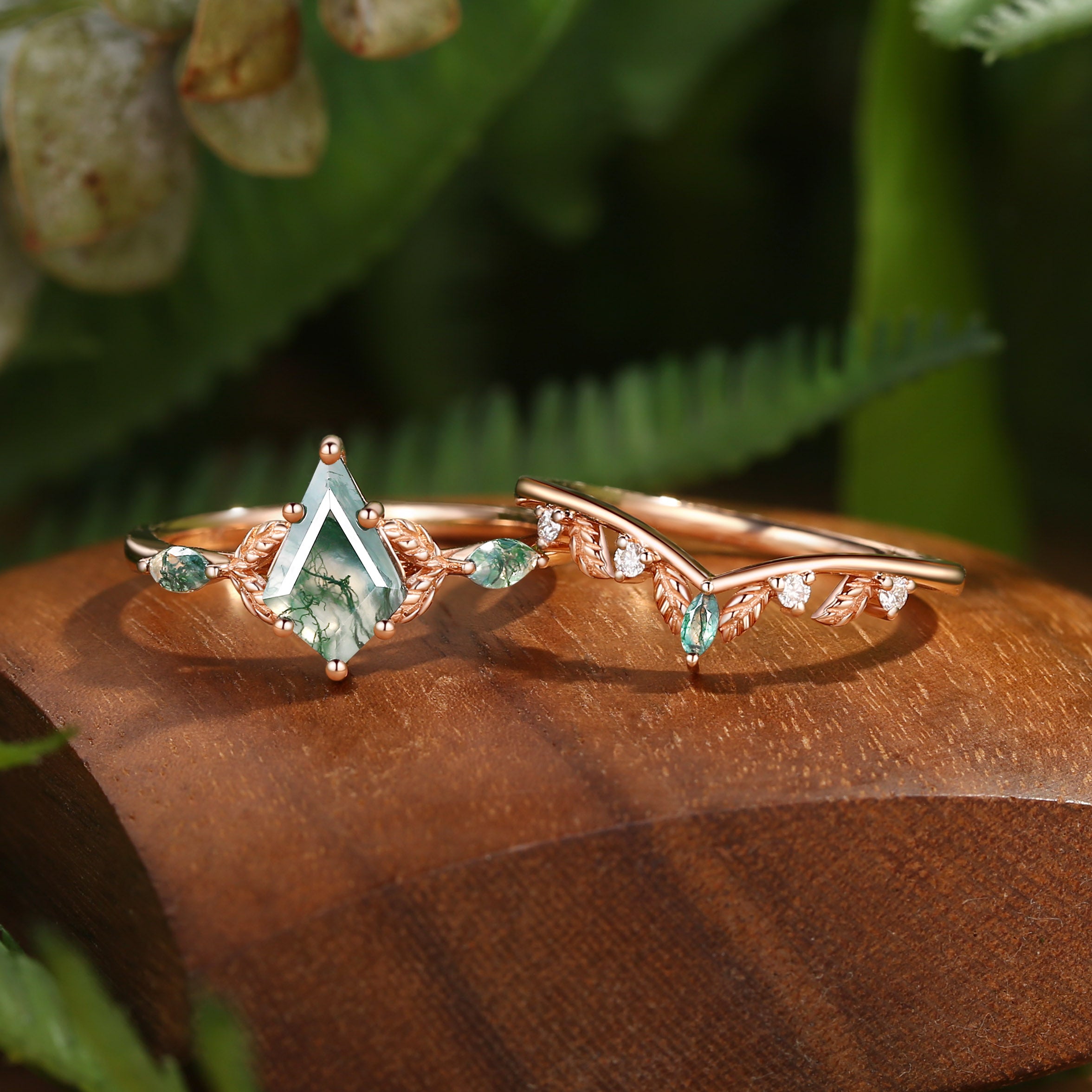 Karina - Unique Moss Agate Kite Cut Leaf Ring Set 2pcs