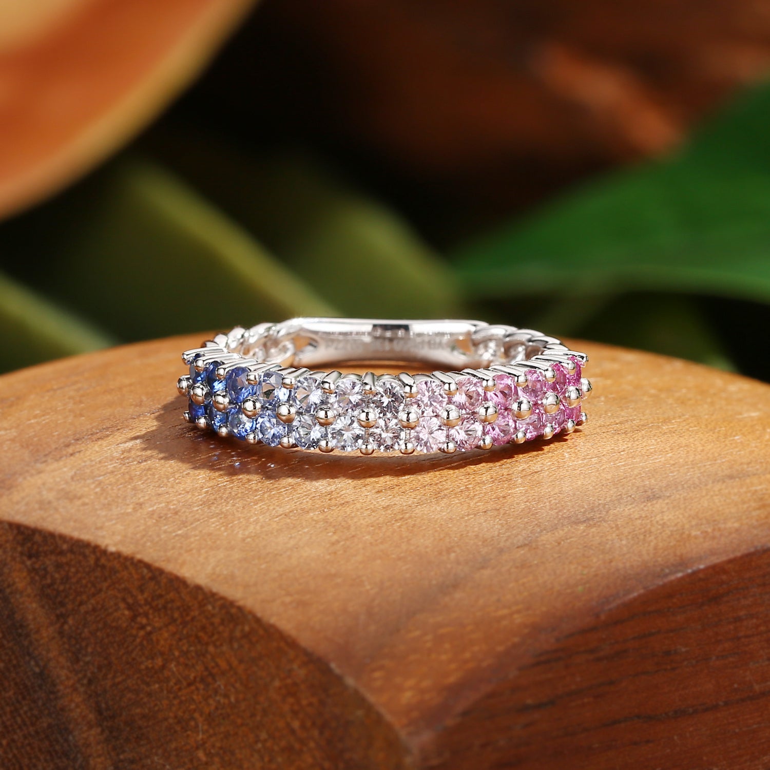 Monet's Garden-Inspired Lab Rainbow Sapphire Wedding Band