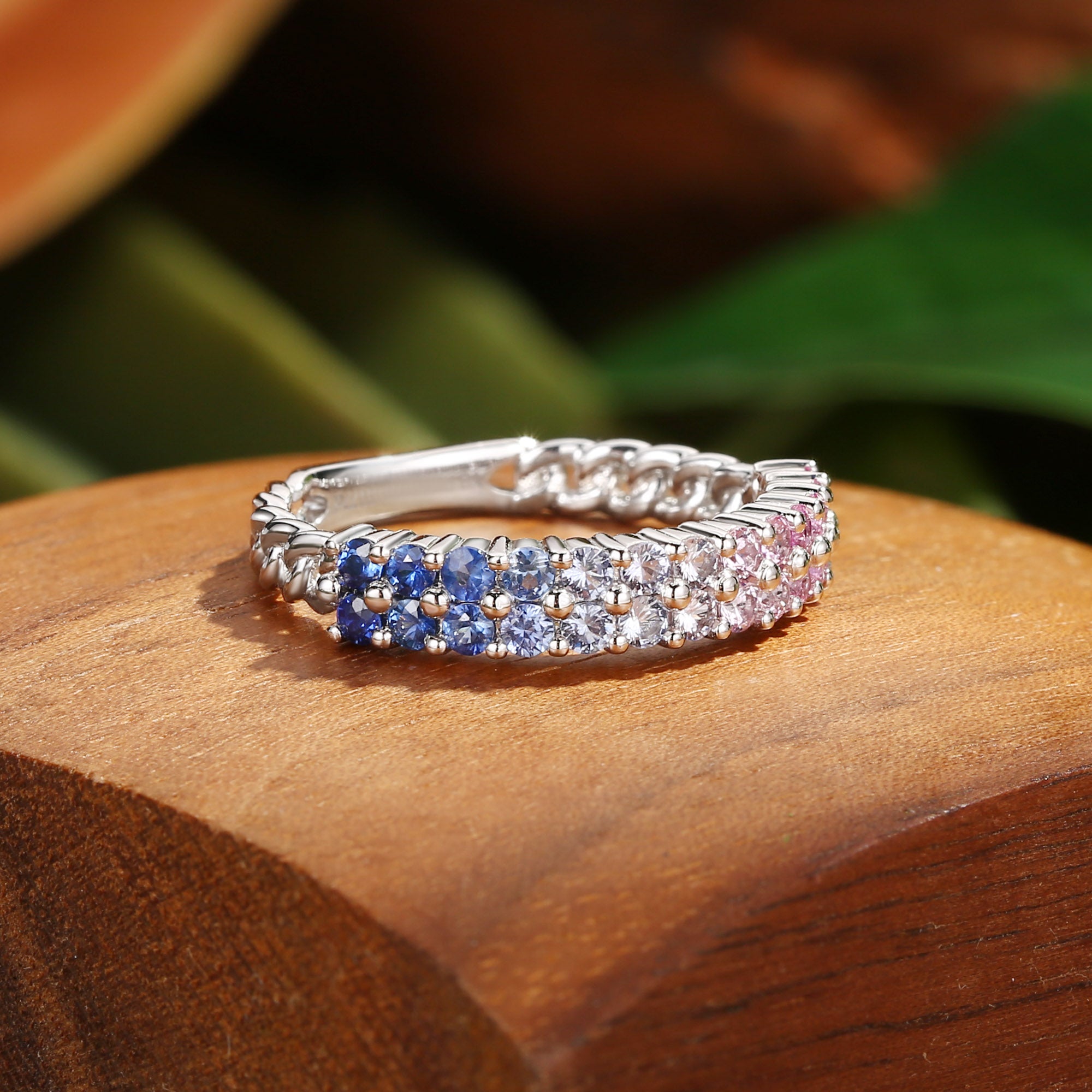 Monet's Garden-Inspired Lab Rainbow Sapphire Wedding Band