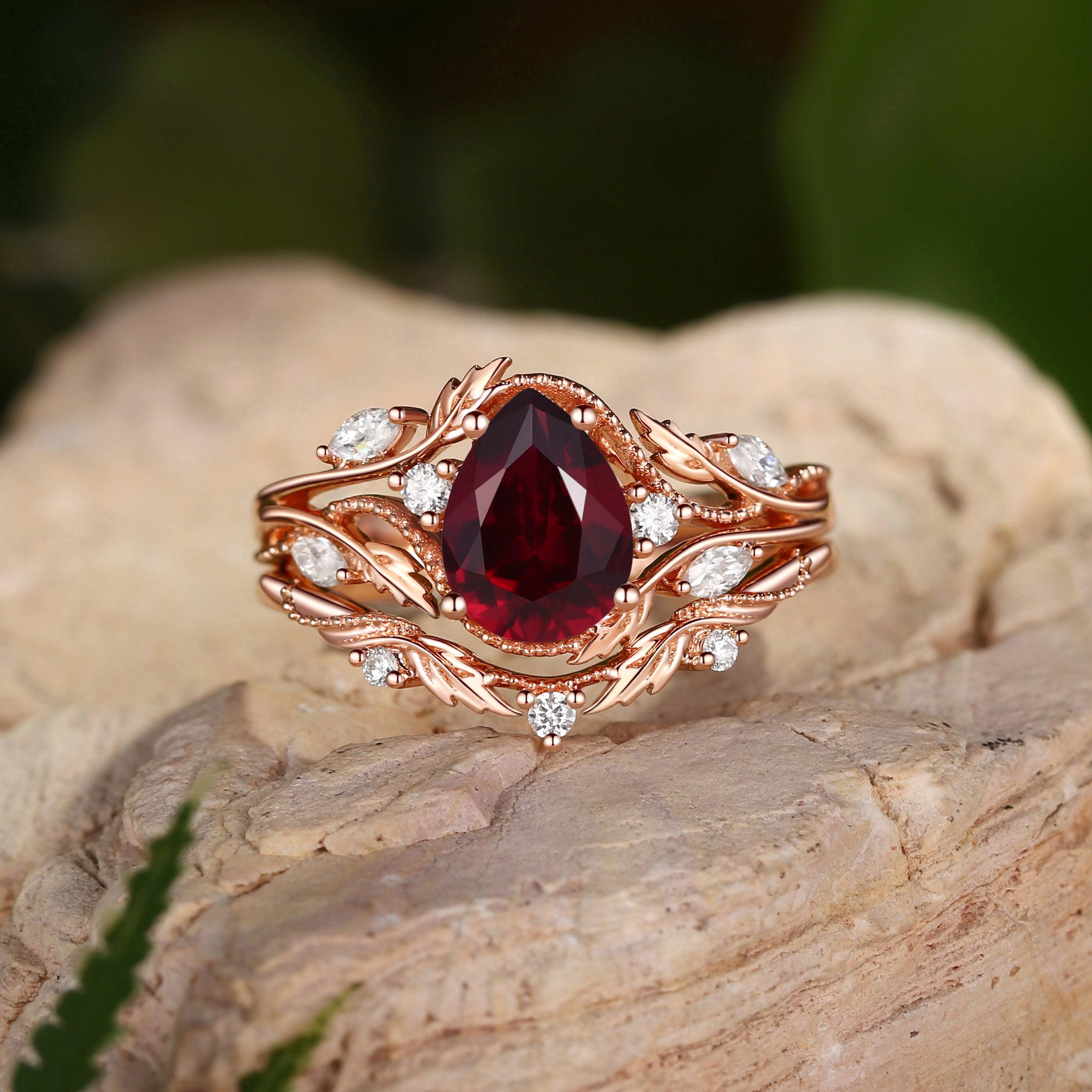 Hesper - Filigree Leafy Nature Pear Cut Garnet Engagement Ring Set 2pcs