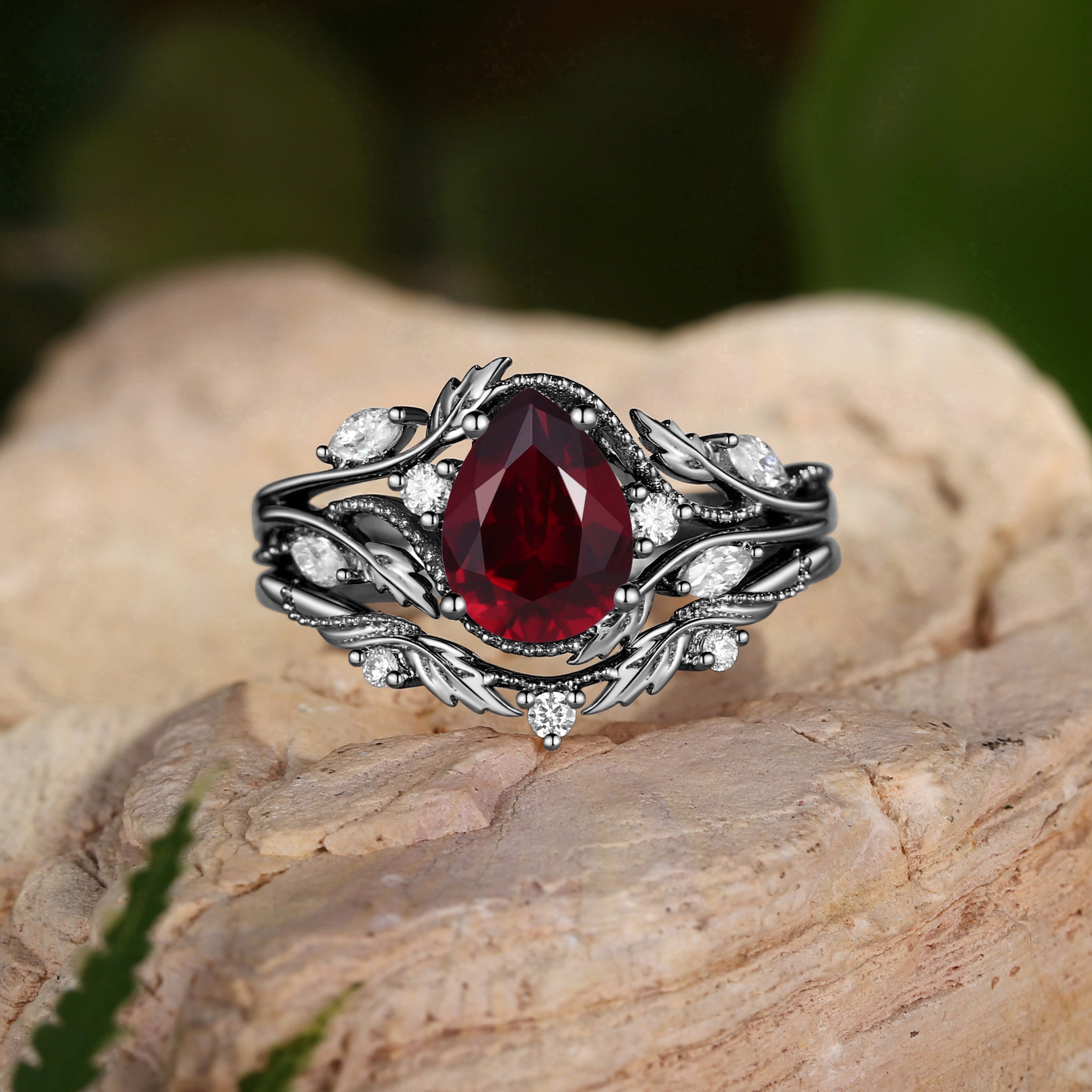 Hesper - Filigree Leafy Nature Pear Cut Garnet Engagement Ring Set 2pcs