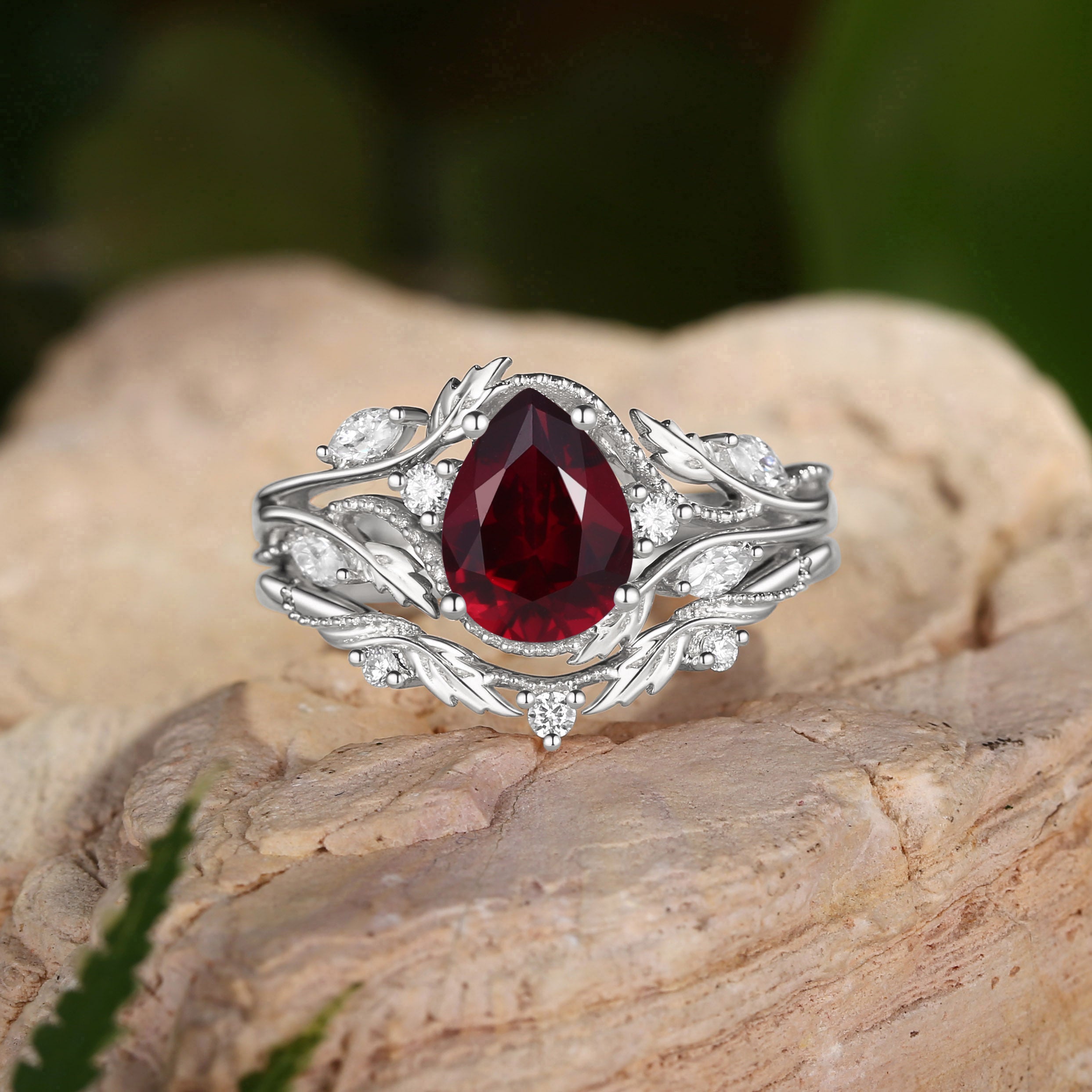 Hesper - Filigree Leafy Nature Pear Cut Garnet Engagement Ring Set 2pcs