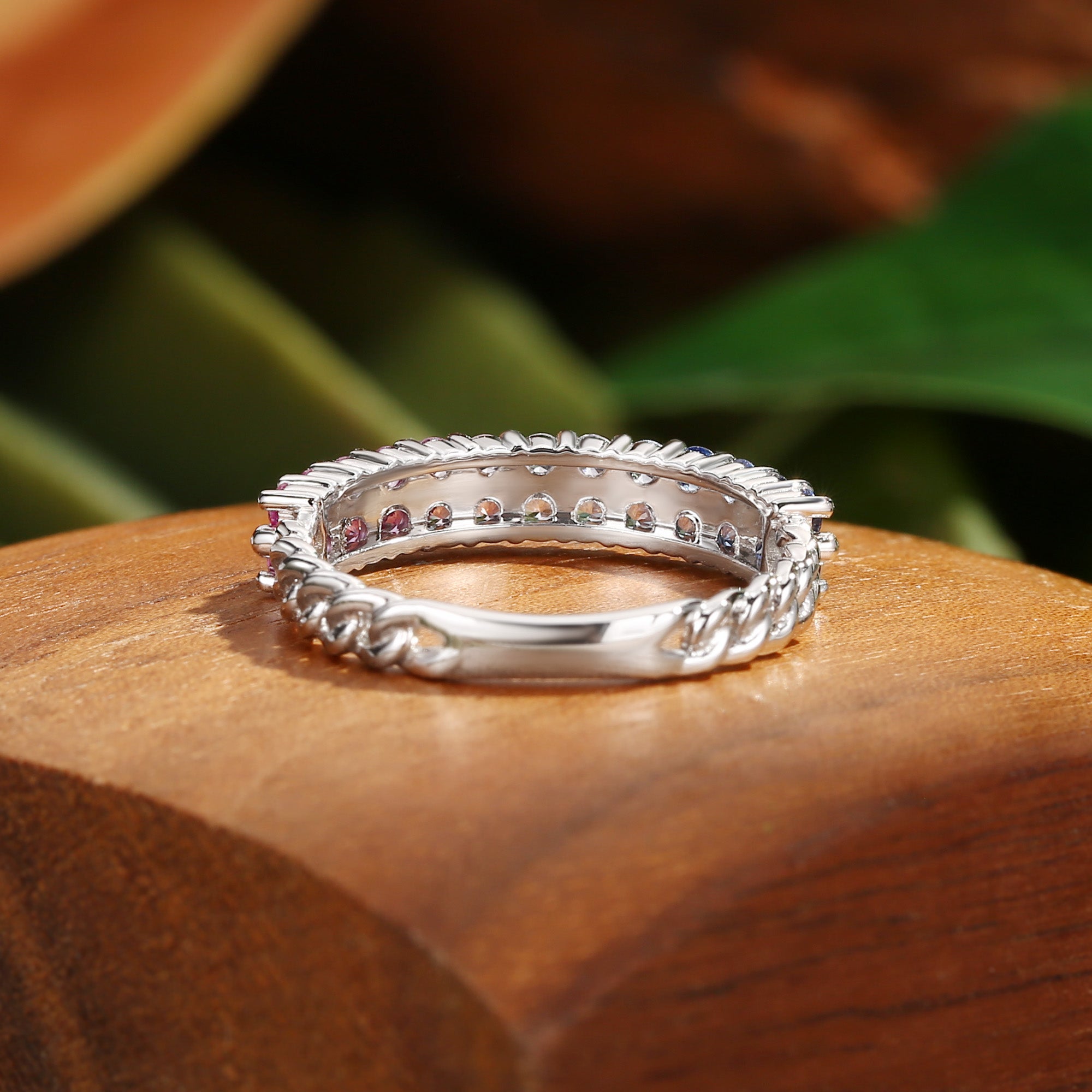 Monet's Garden-Inspired Lab Rainbow Sapphire Wedding Band