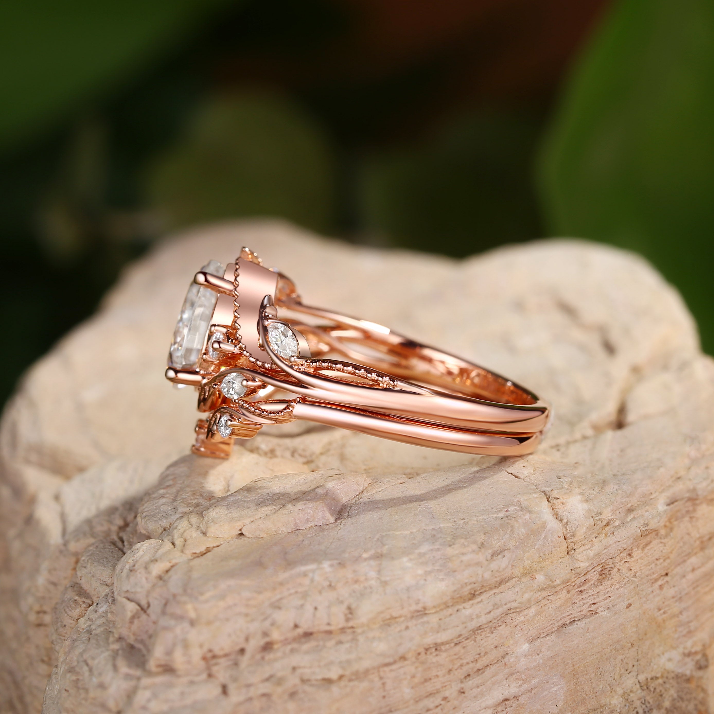 Hesper - Filigree Leafy Nature Pear Cut Moissanite Engagement Ring Set 2pcs