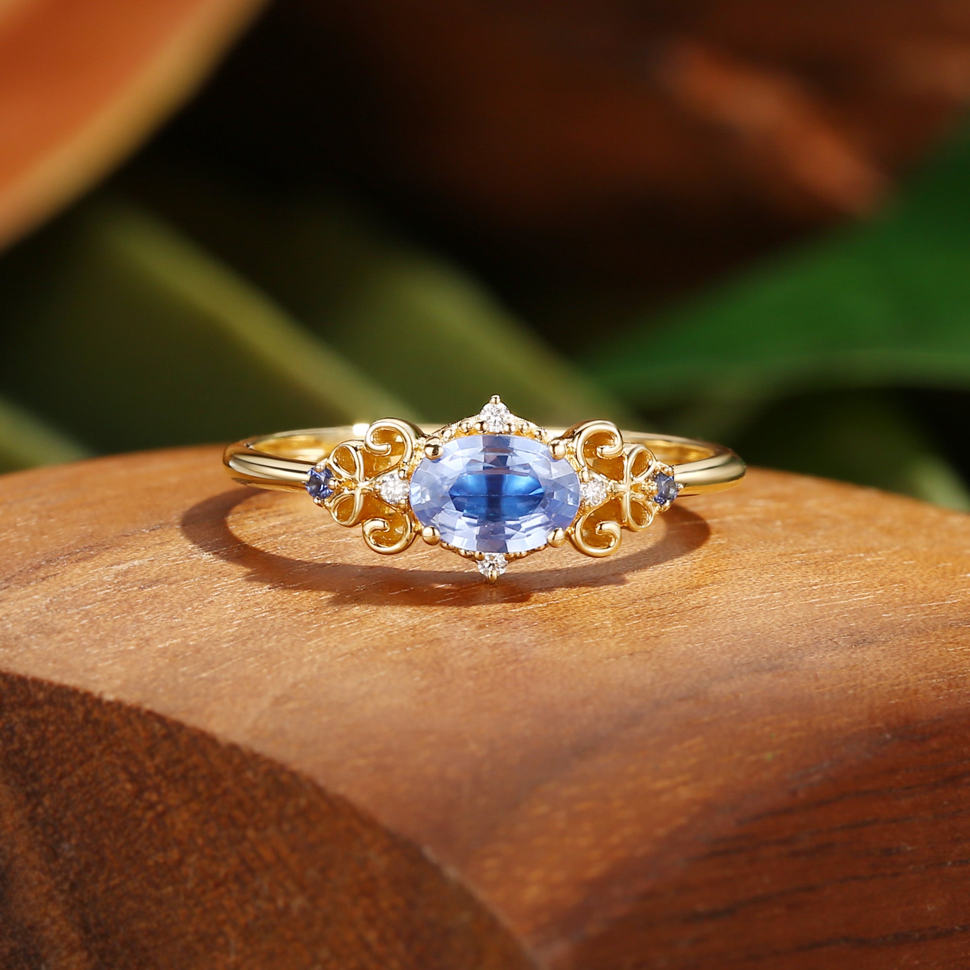 Benedicte - Oval Cut Lab Cornflower Blue Sapphire Butterfly Fairytale Engagement Ring