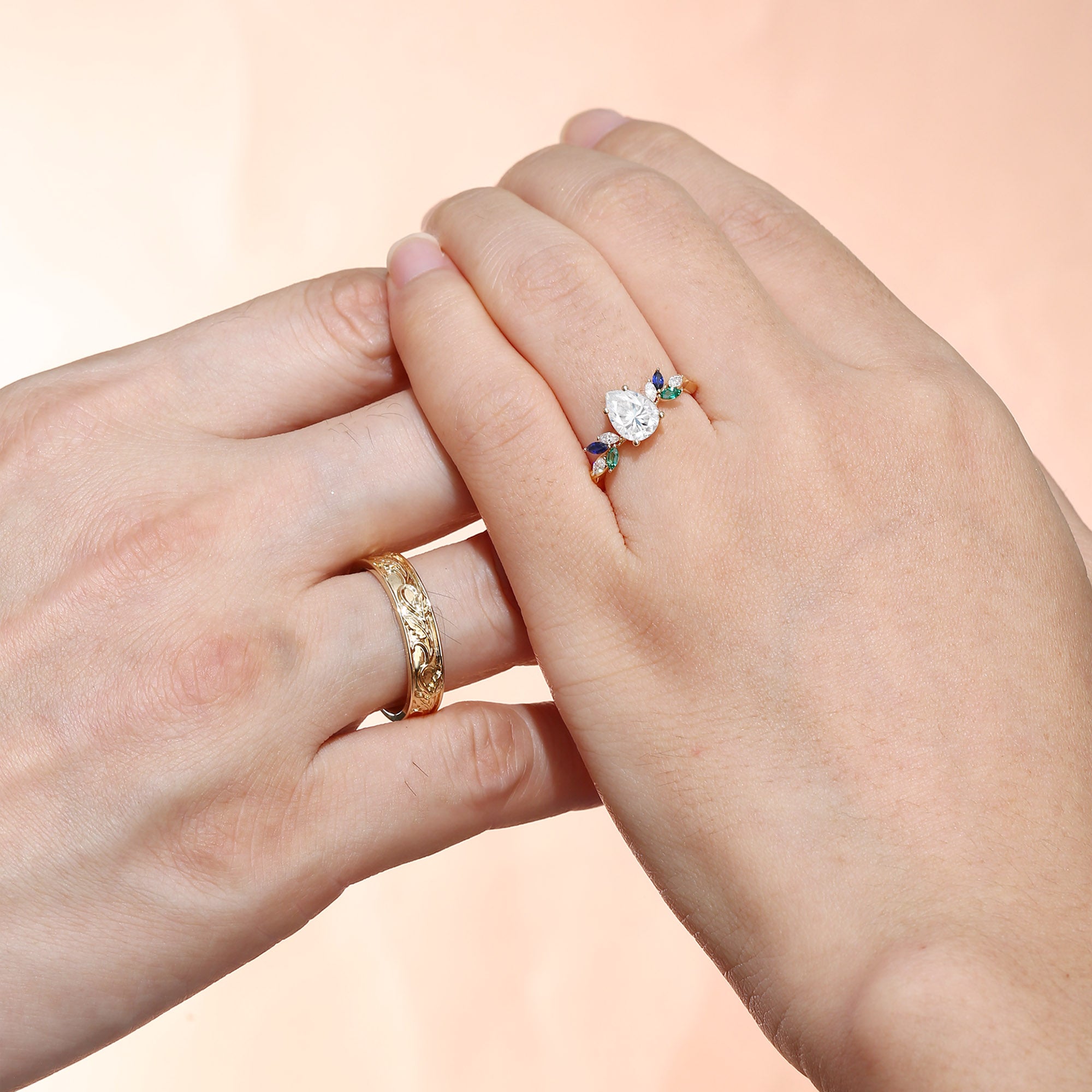 Abella - Pear Cut Moissanite & Sapphire & Emerald Butterfly Couple Ring Set