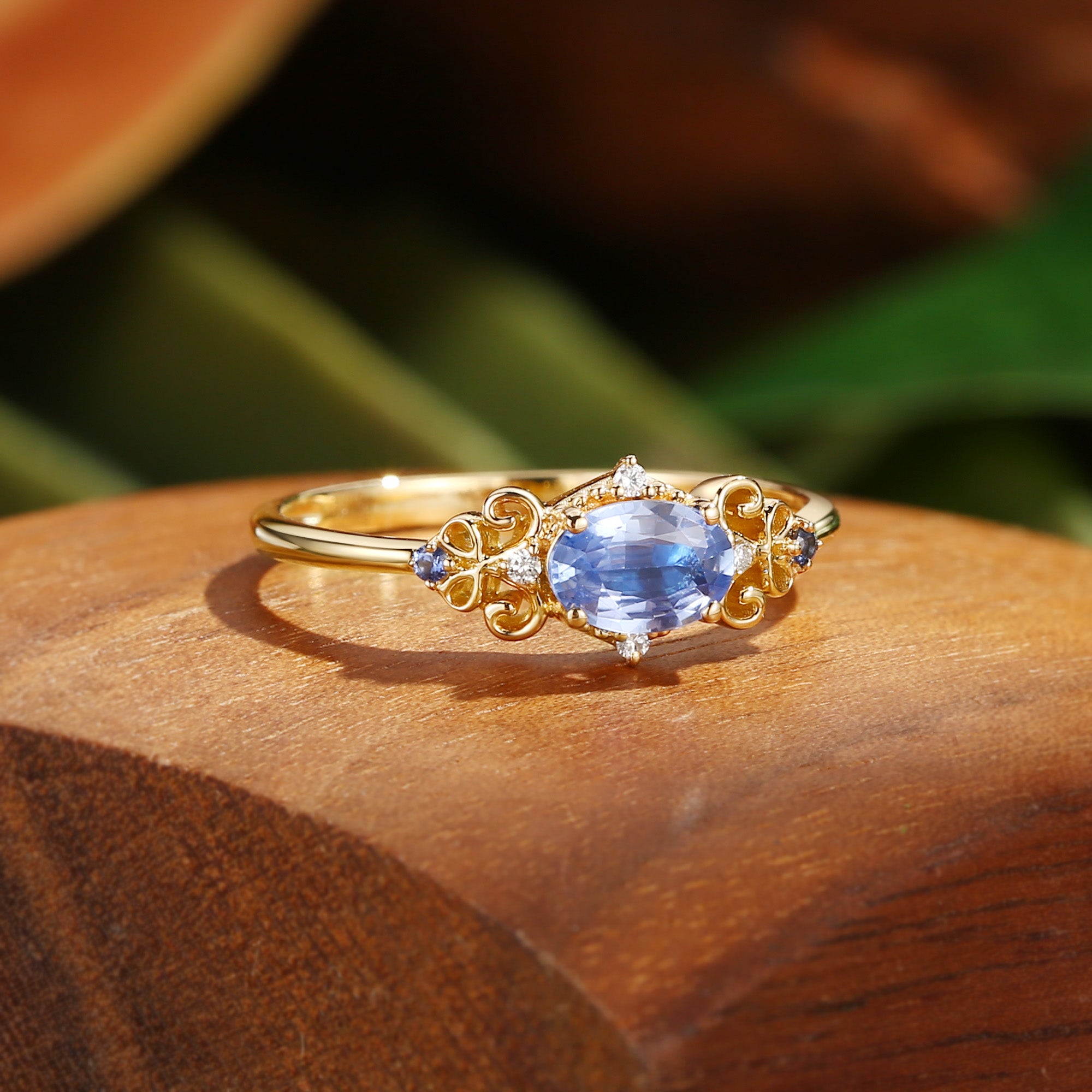 Benedicte - Oval Cut Lab Cornflower Blue Sapphire Butterfly Fairytale Engagement Ring