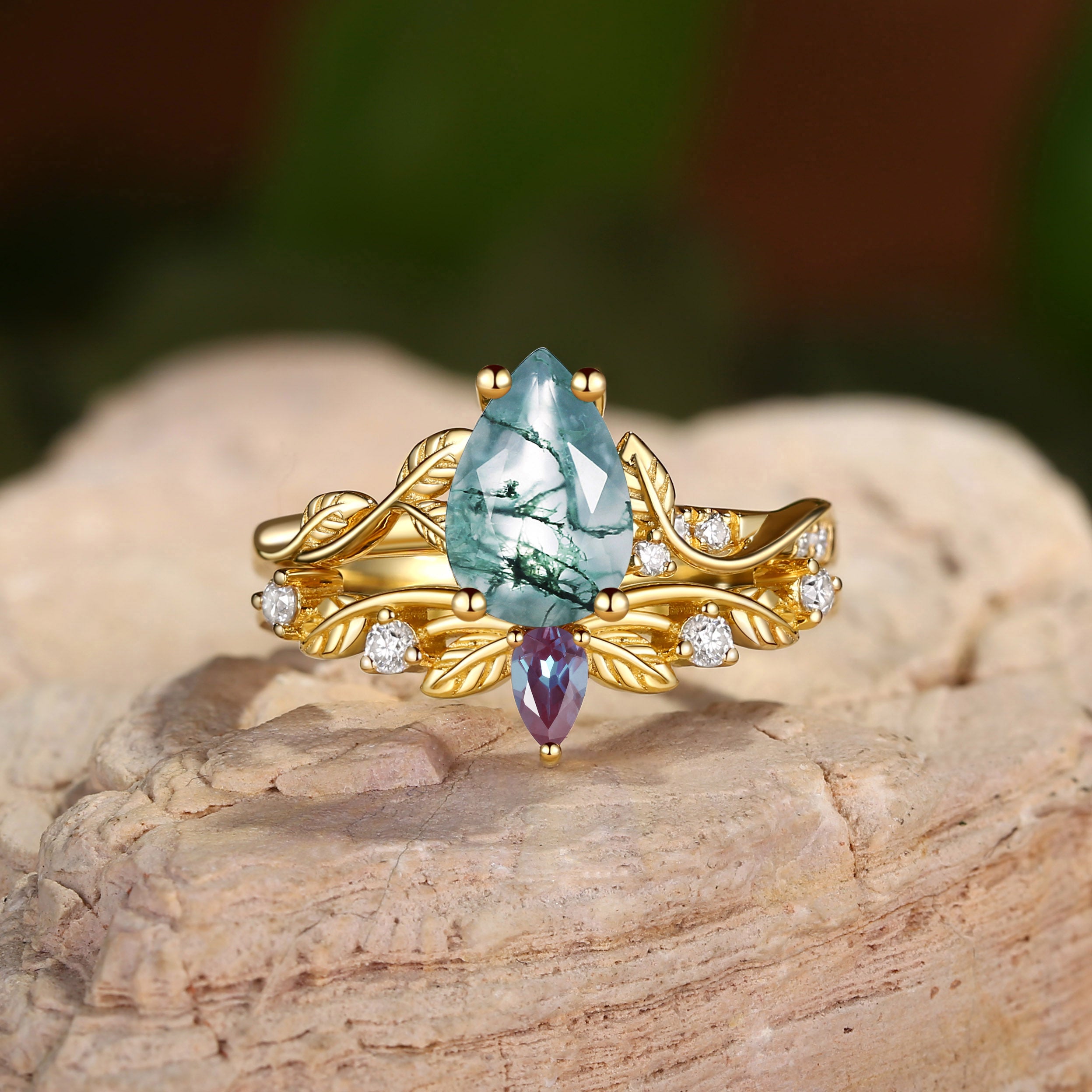 Belinda - Pear Cut Green Moss Agate & Alexandrite Ring Set 2pcs