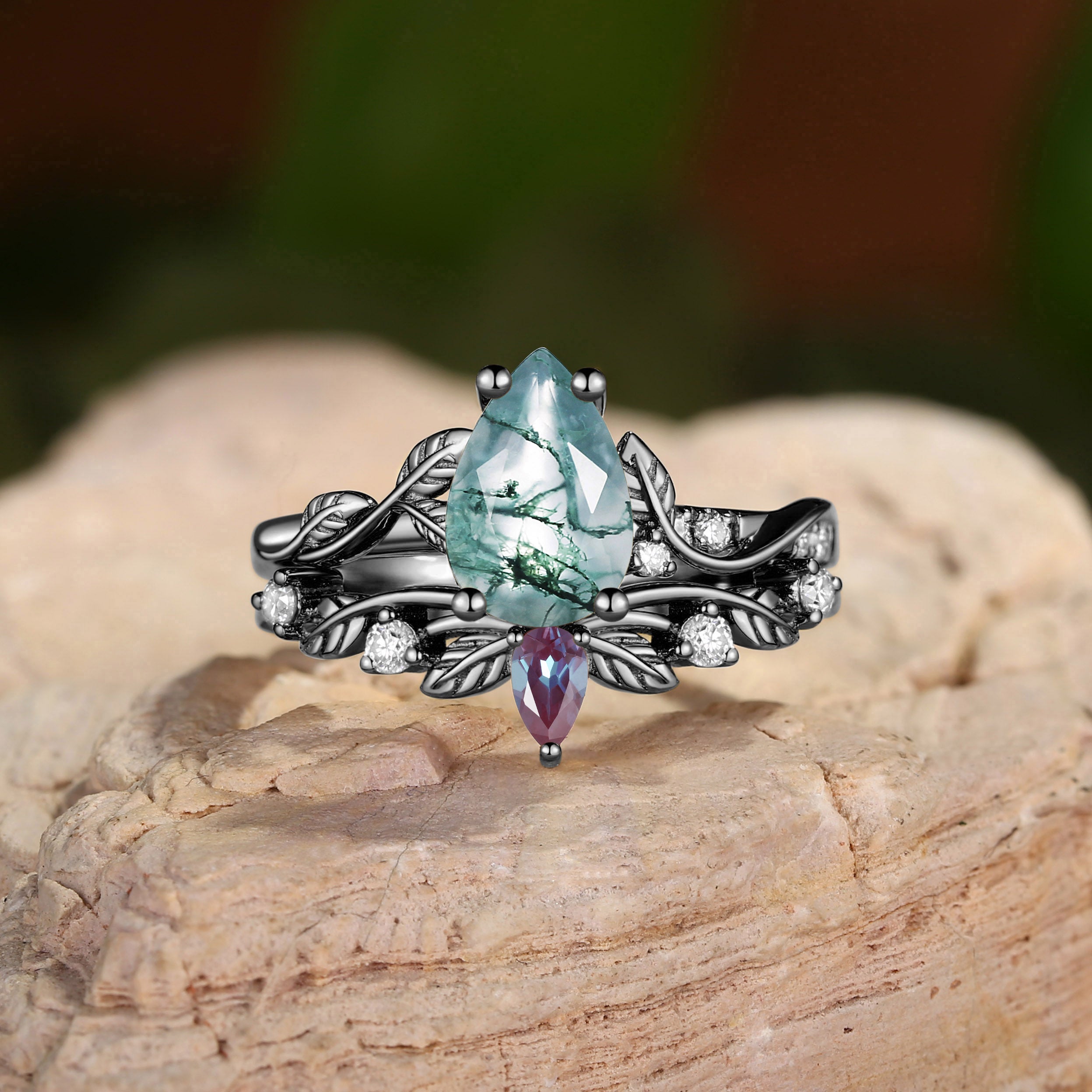 Belinda - Pear Cut Green Moss Agate & Alexandrite Ring Set 2pcs