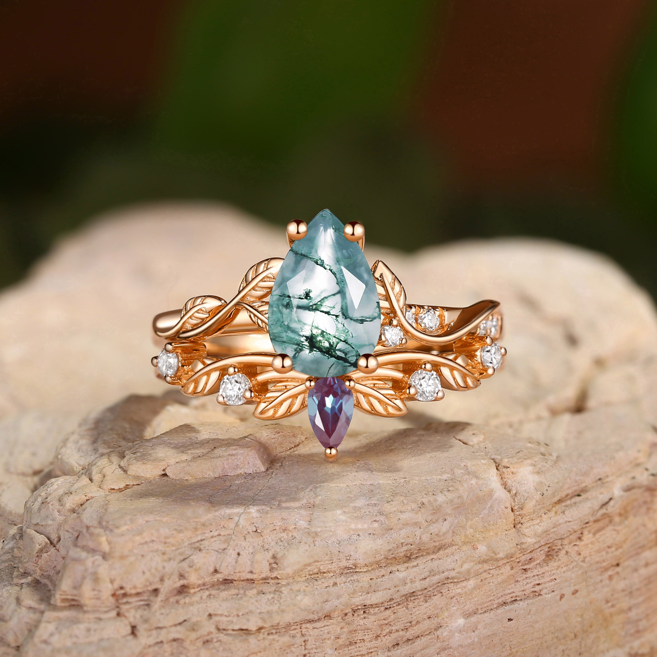 Belinda - Pear Cut Green Moss Agate & Alexandrite Ring Set 2pcs