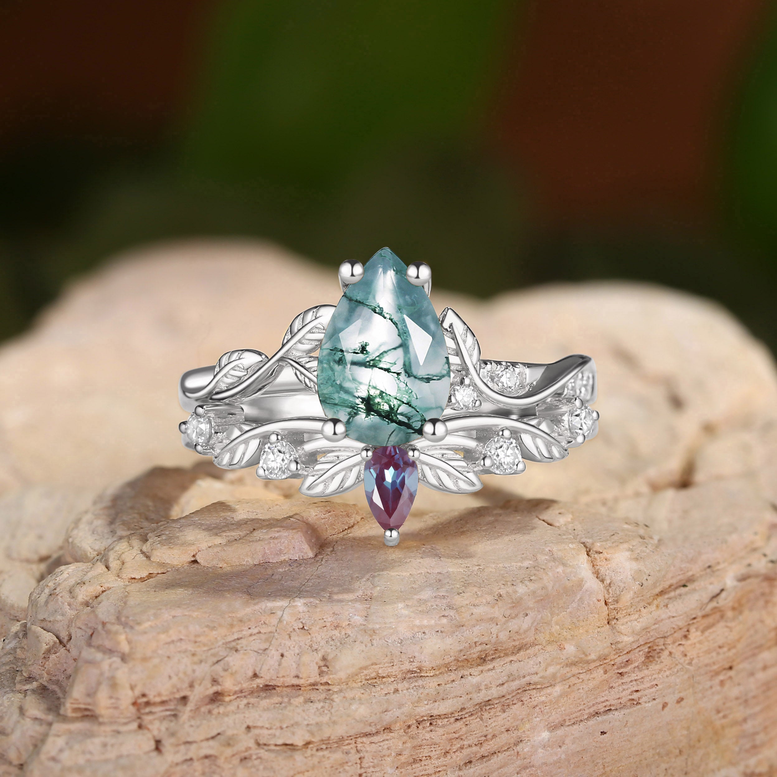 Belinda - Pear Cut Green Moss Agate & Alexandrite Ring Set 2pcs