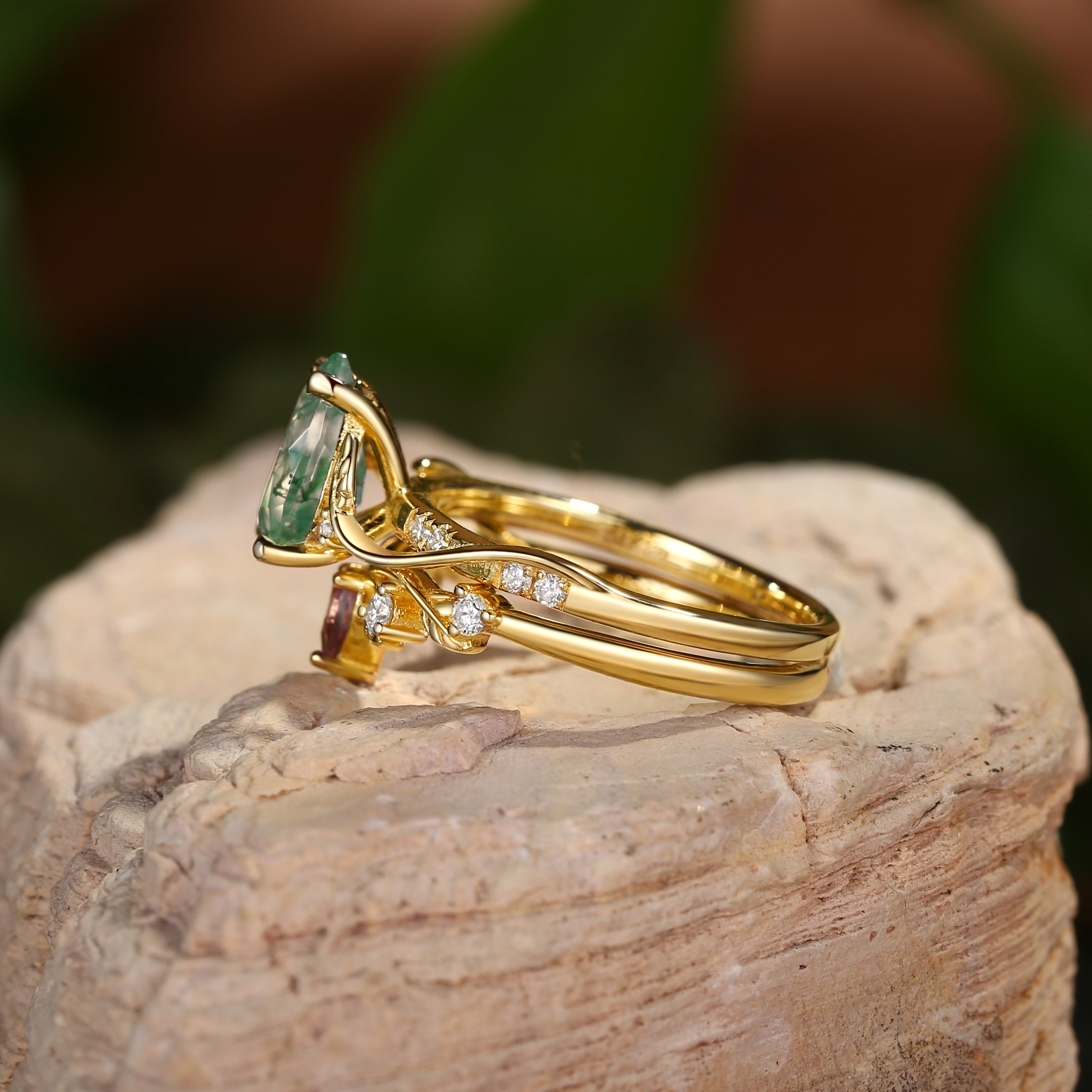 Belinda - Pear Cut Green Moss Agate & Alexandrite Ring Set 2pcs