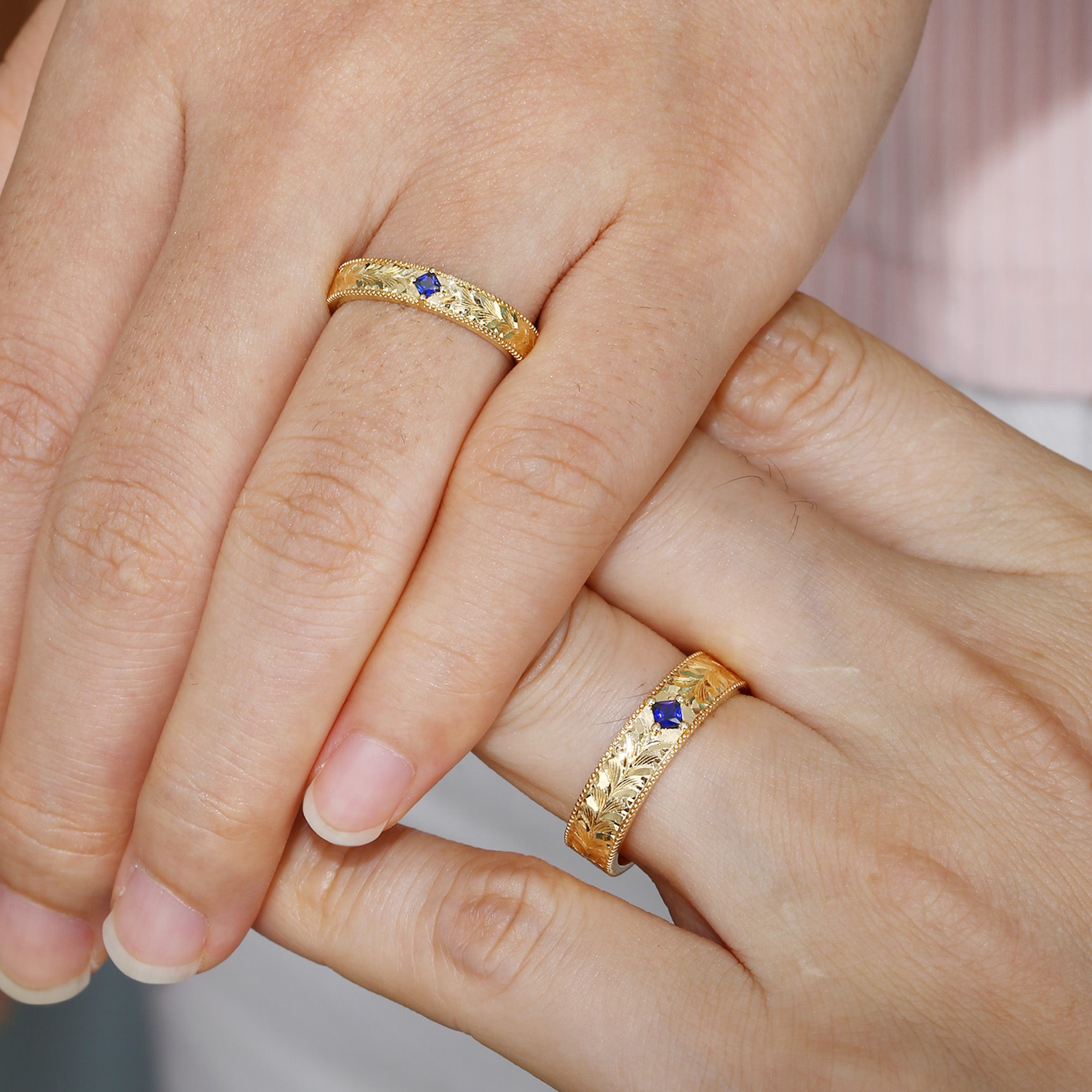 Royal Couple Ring– Leaf-Inspired Hand-Engraved Promise Ring Set for Her & Him