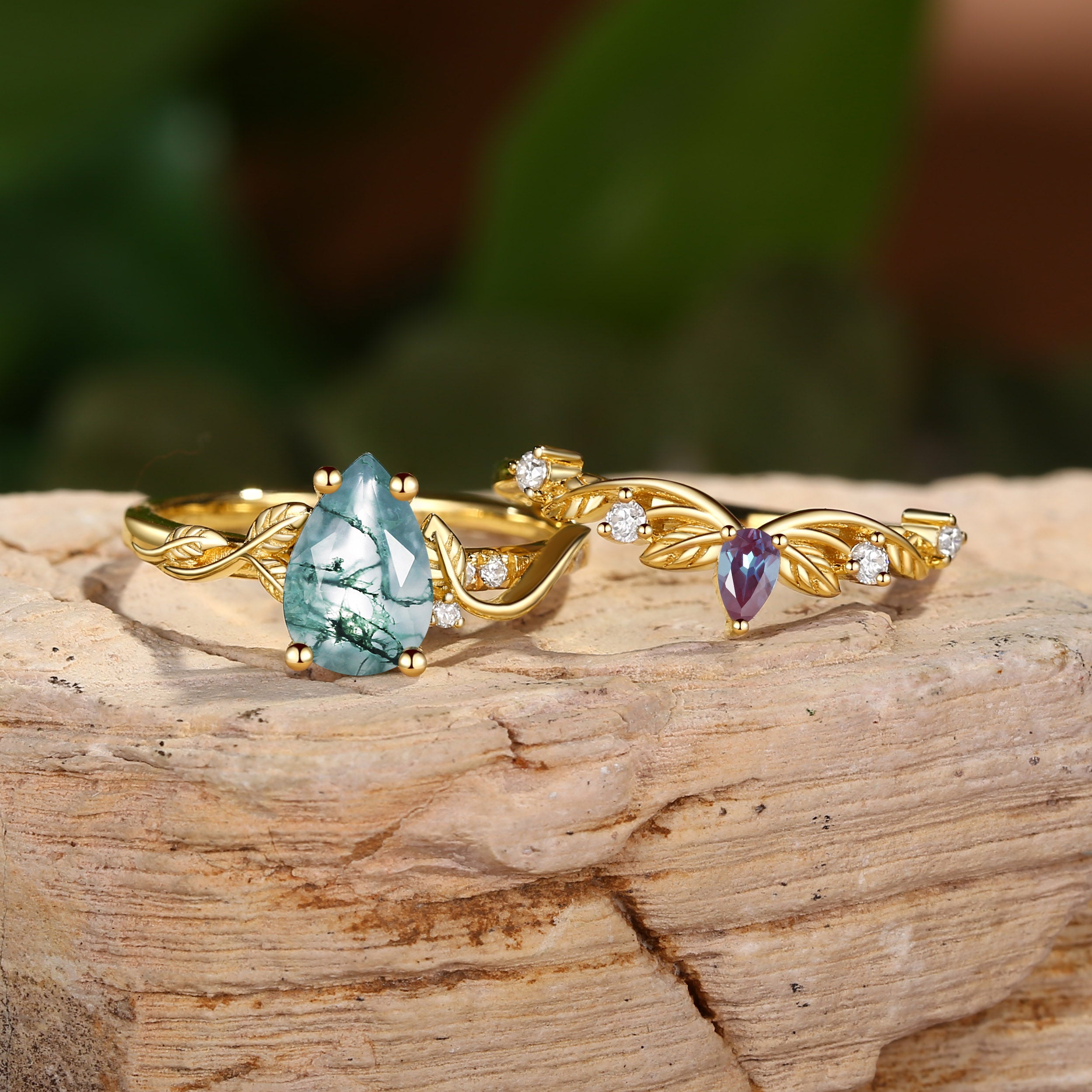 Belinda - Pear Cut Green Moss Agate & Alexandrite Ring Set 2pcs