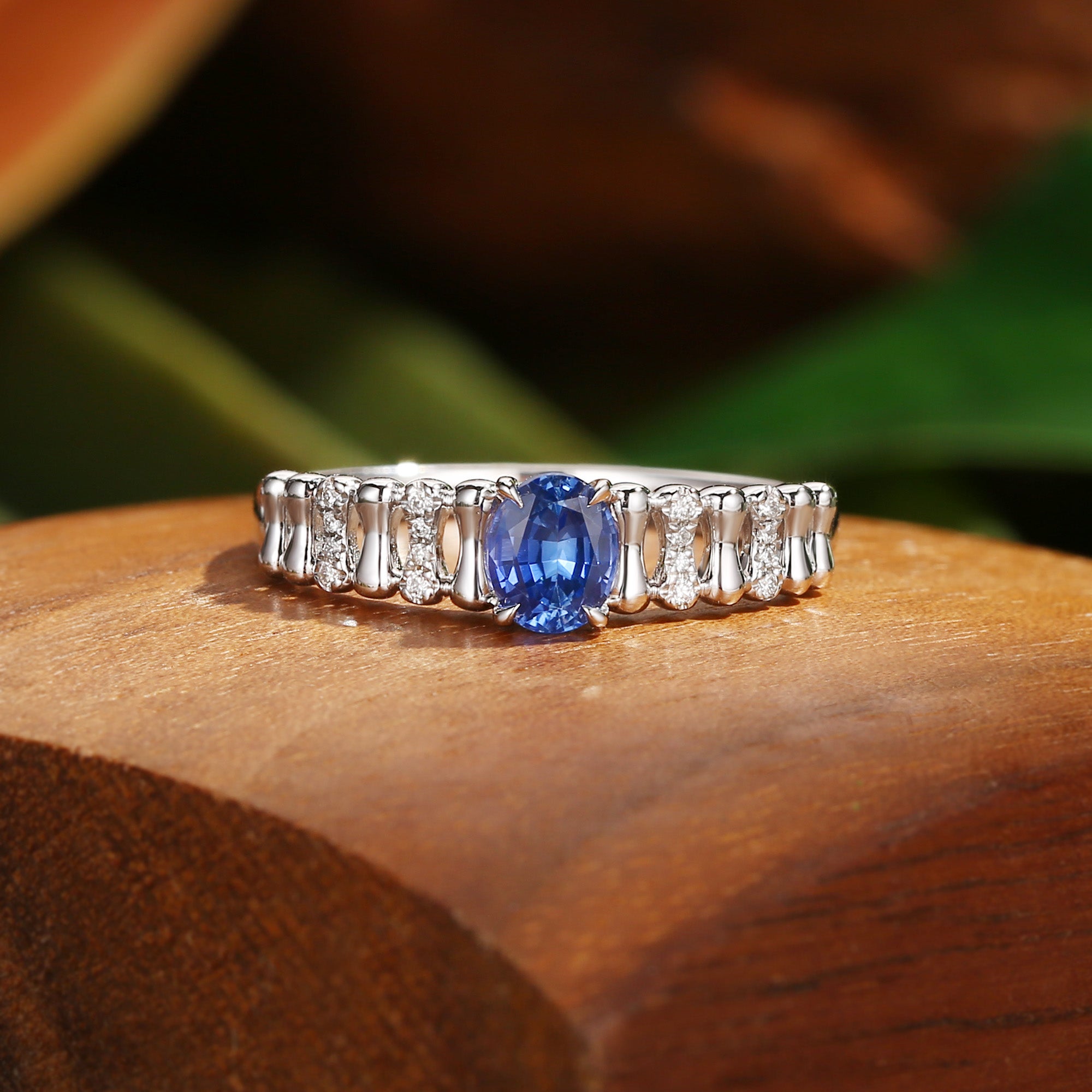 Monet's Garden-Inspired - Oval Cut Lab Royal Blue Sapphire Link Band Ring