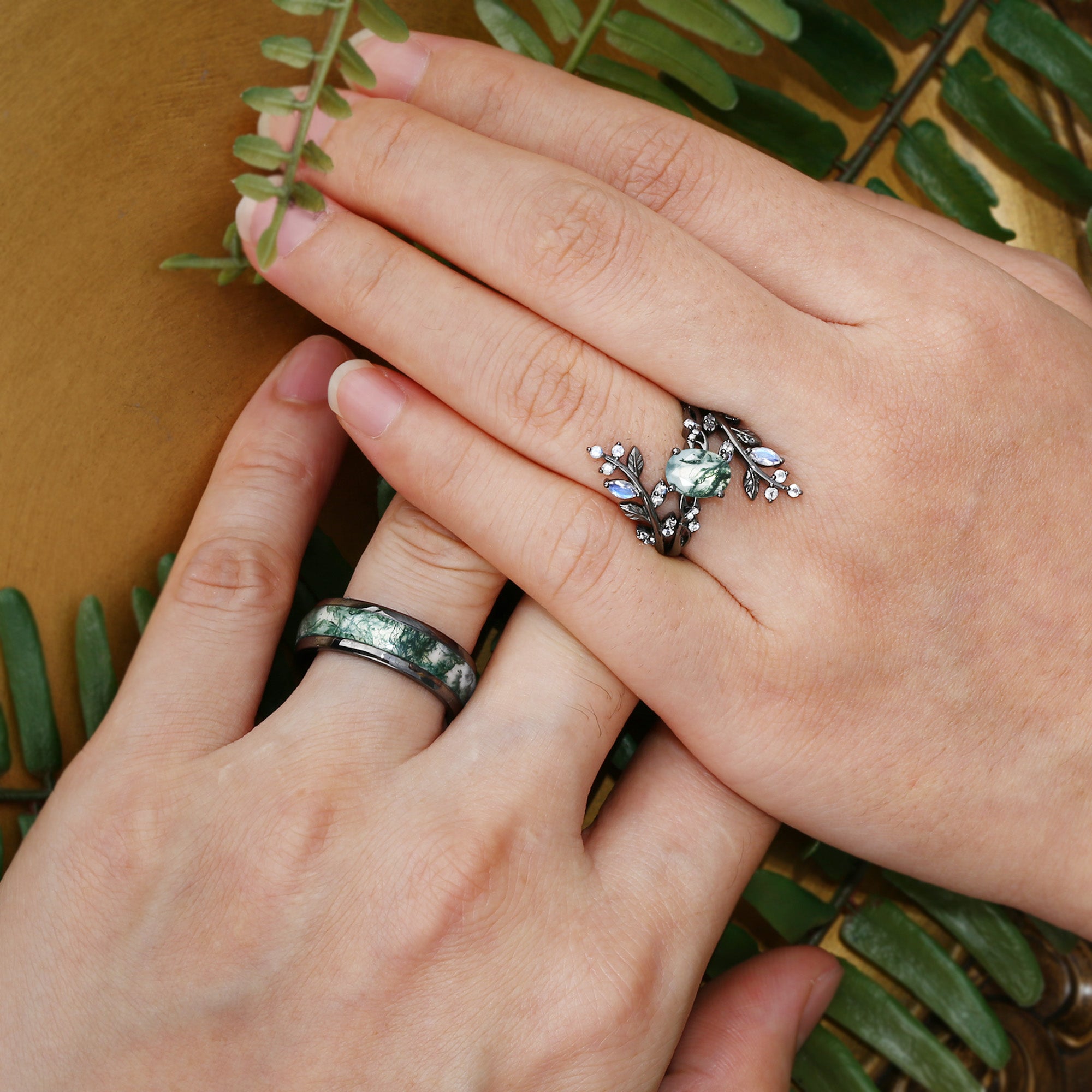 Adrienne -Nature Black Gold Oval Cut Moss Agate Couple Ring Set
