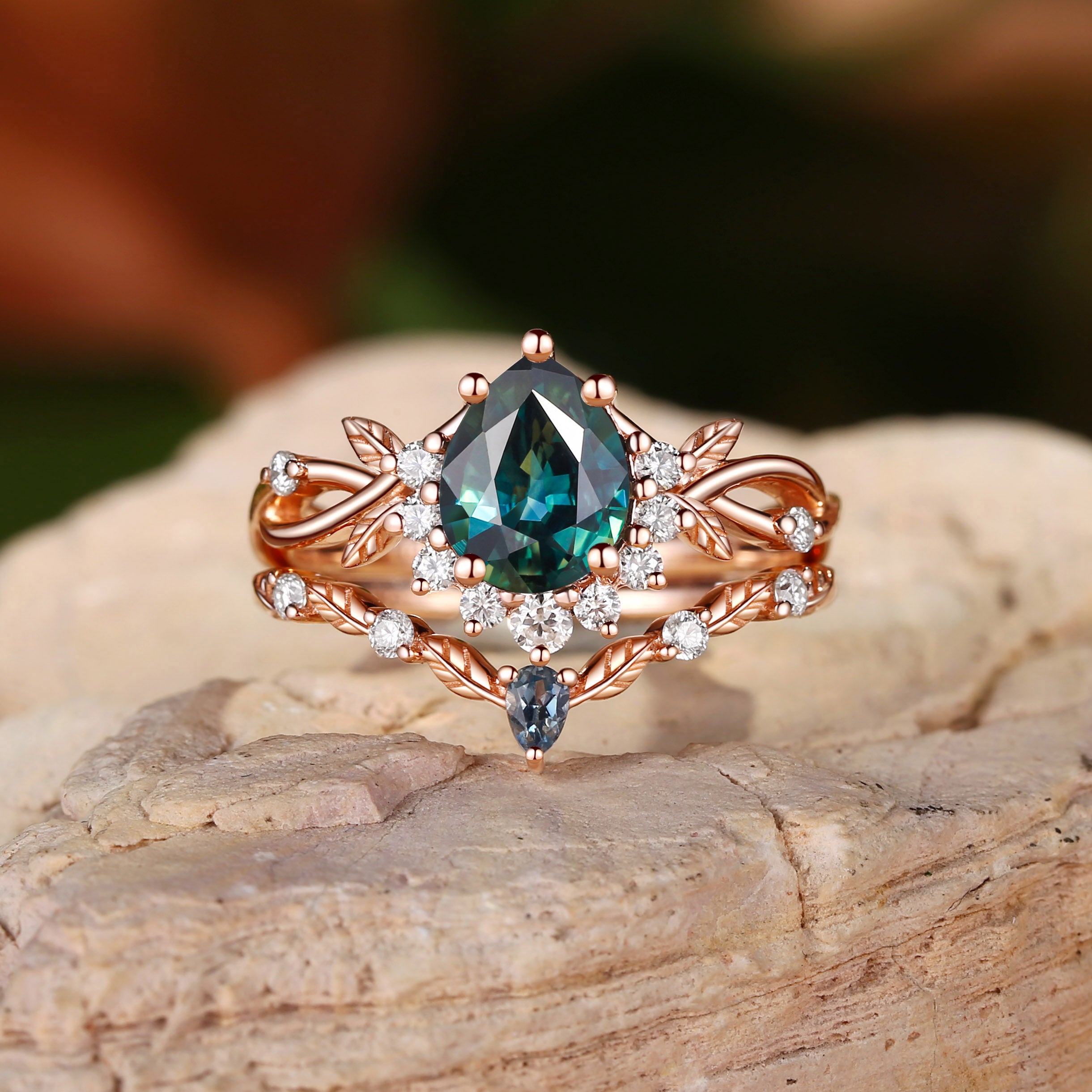 Drisana - 14K Pear Cut Natural Blue Green Sapphire Engagement Ring Set 2pcs