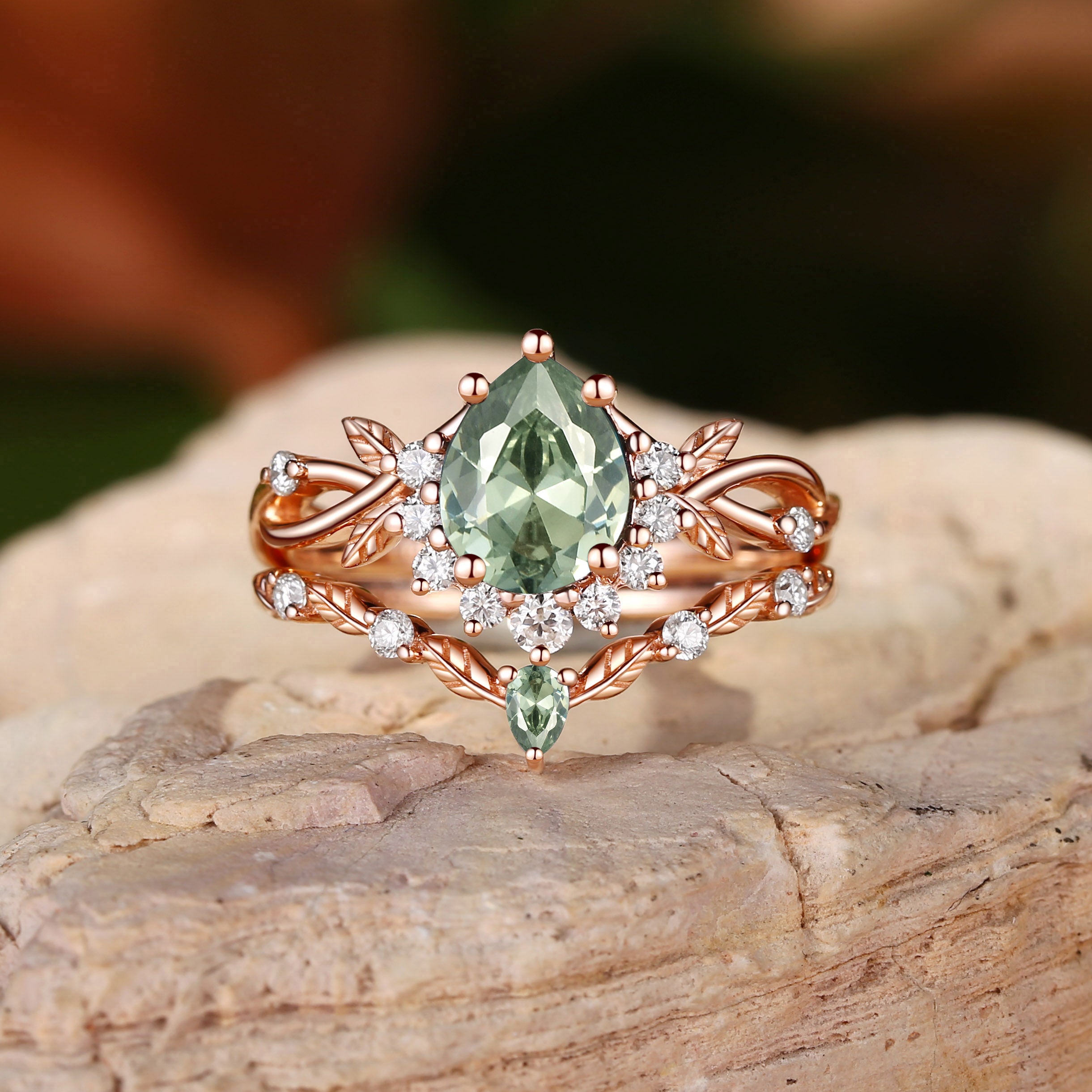 Drisana - 14K Pear Cut Lab Green Sapphire Engagement Ring Set 2pcs