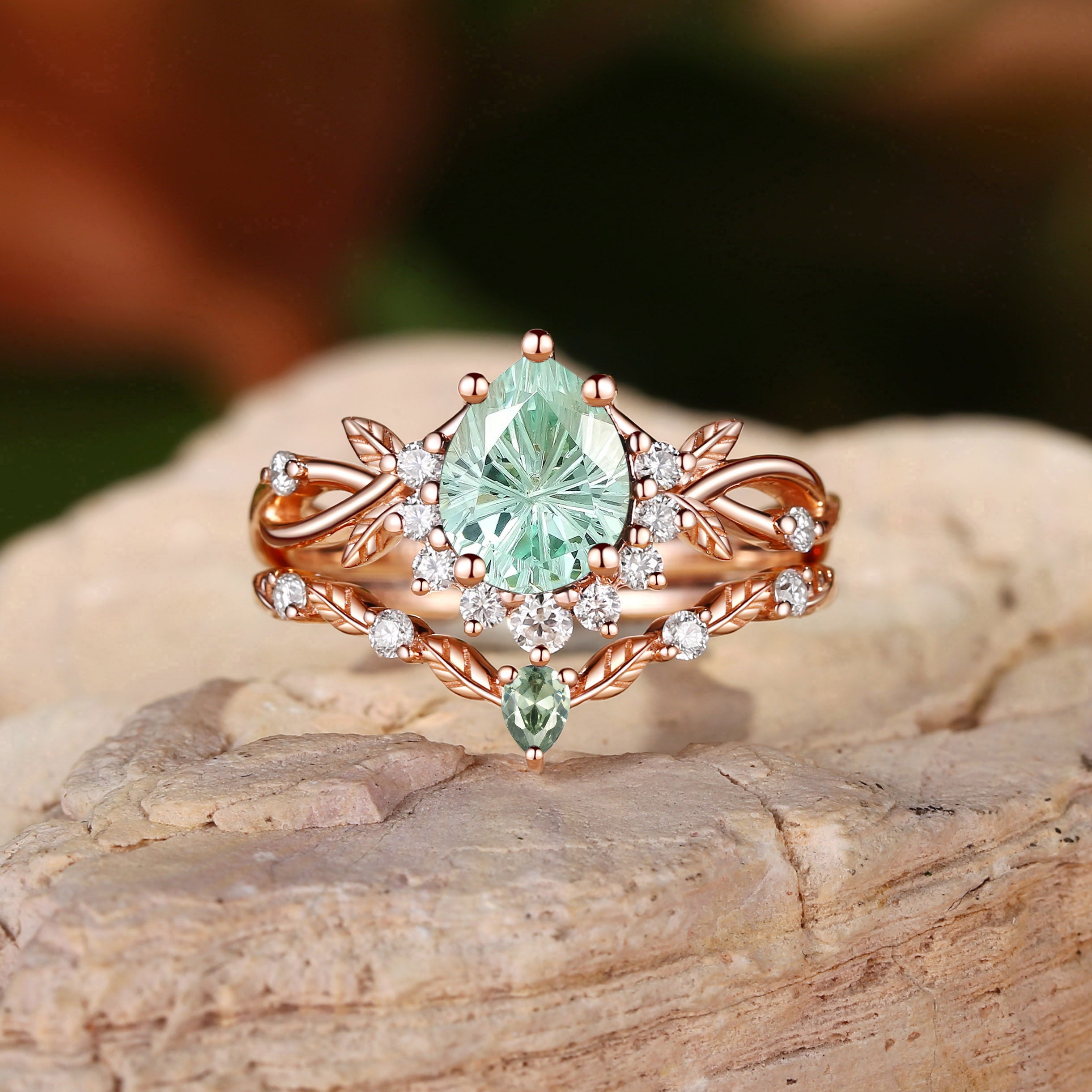 Drisana - Fireworks Cut Pear Green Sapphire Engagement Ring Set 2pcs