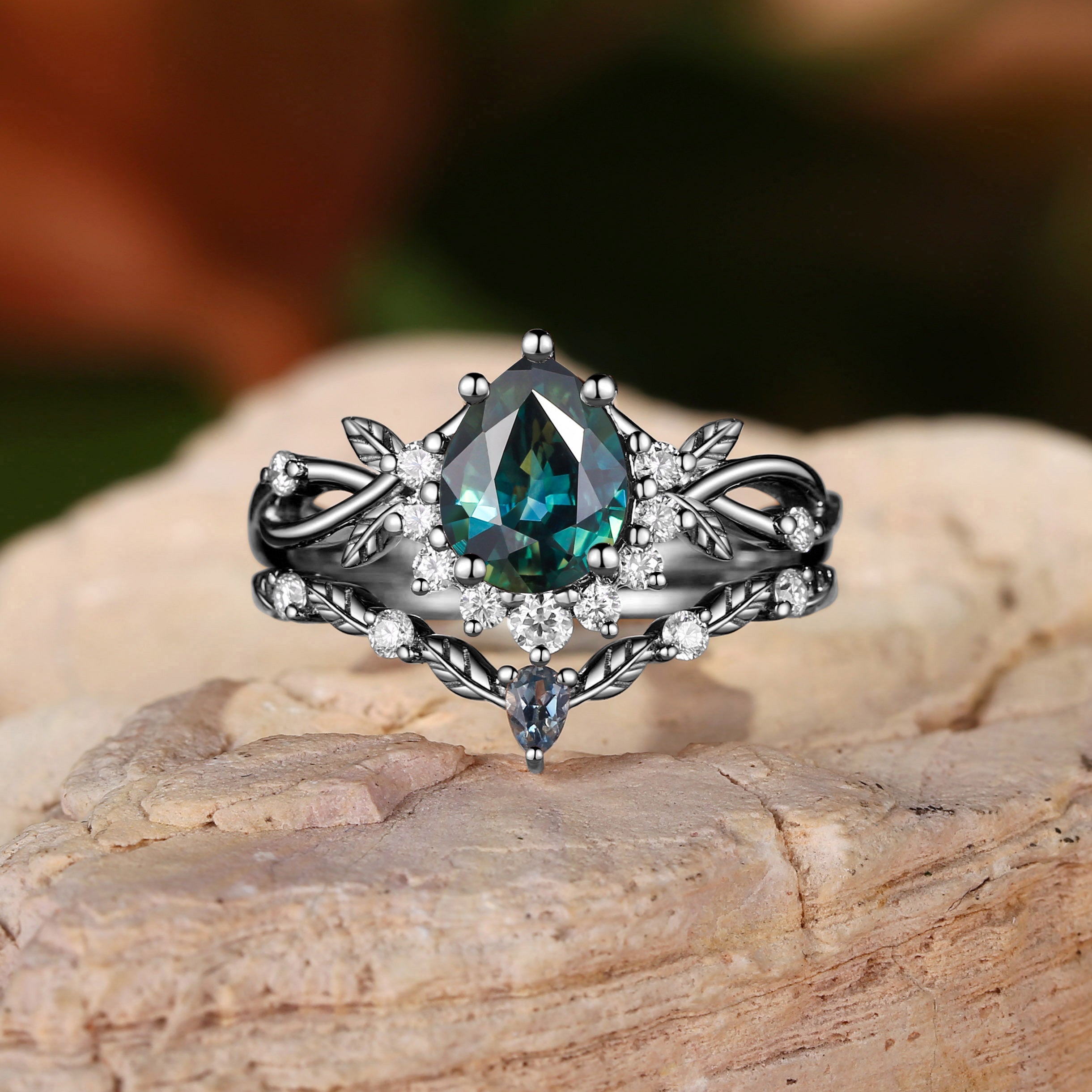 Drisana - 14K Pear Cut Natural Blue Green Sapphire Engagement Ring Set 2pcs