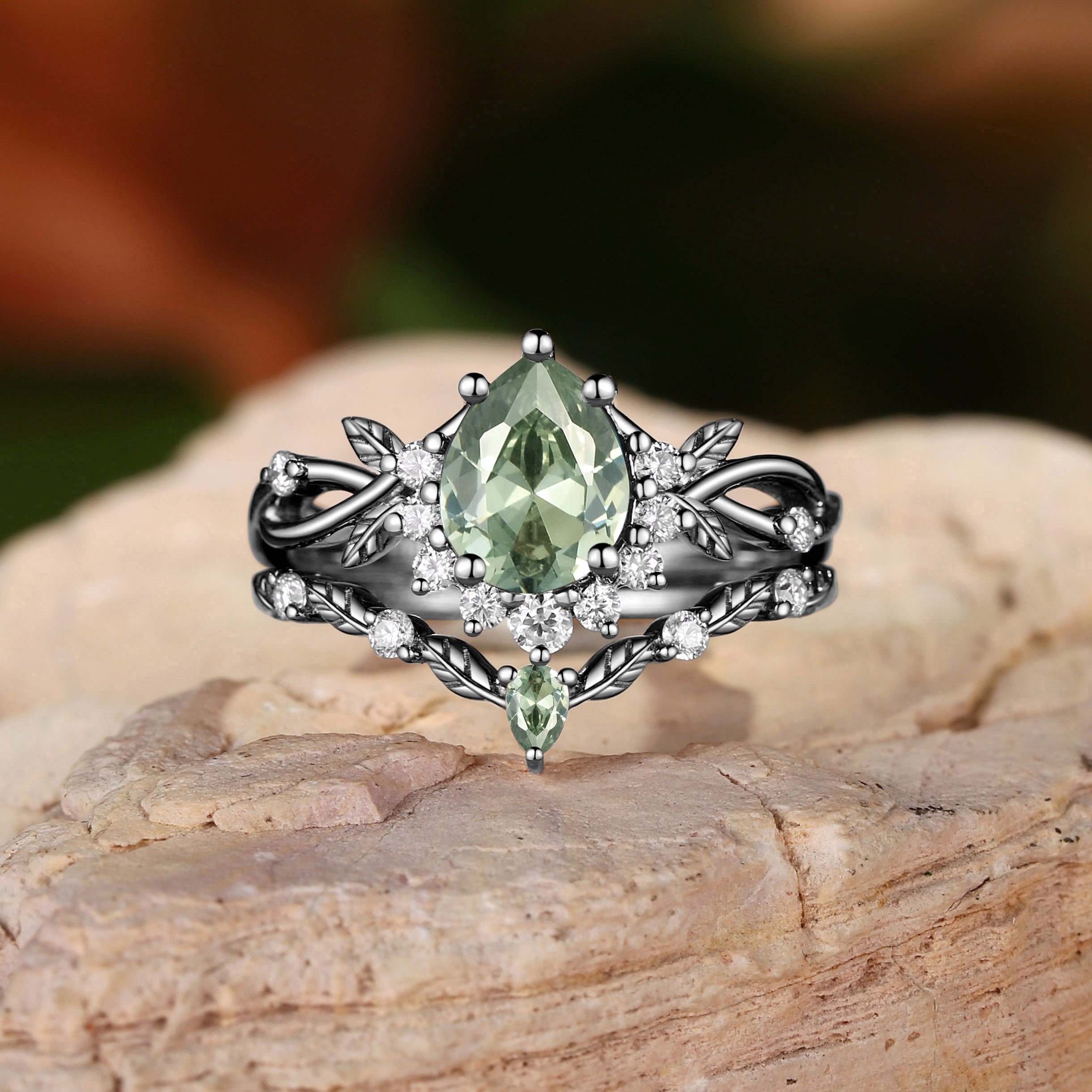 Drisana - 14K Pear Cut Lab Green Sapphire Engagement Ring Set 2pcs