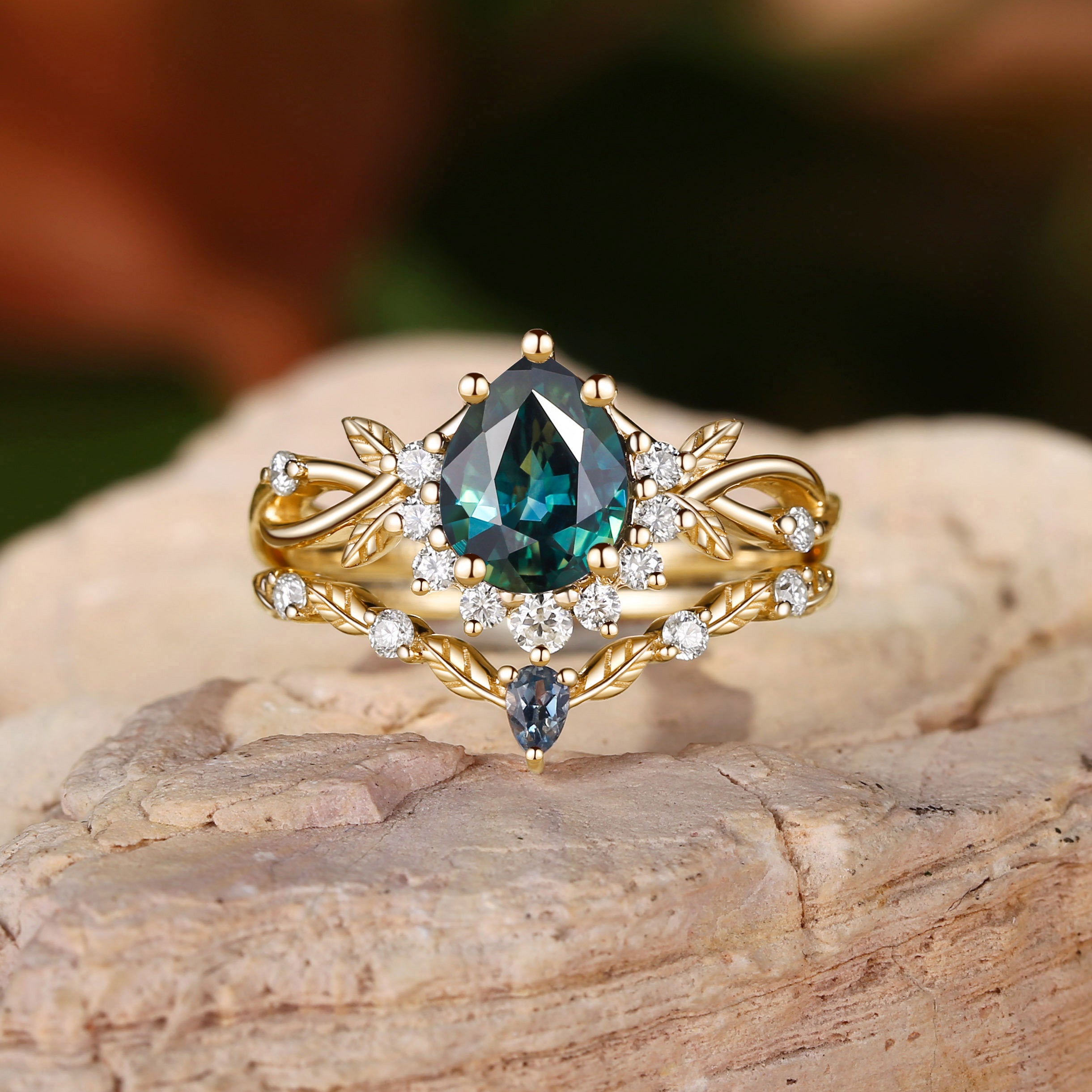 Drisana - 14K Pear Cut Natural Blue Green Sapphire Engagement Ring Set 2pcs