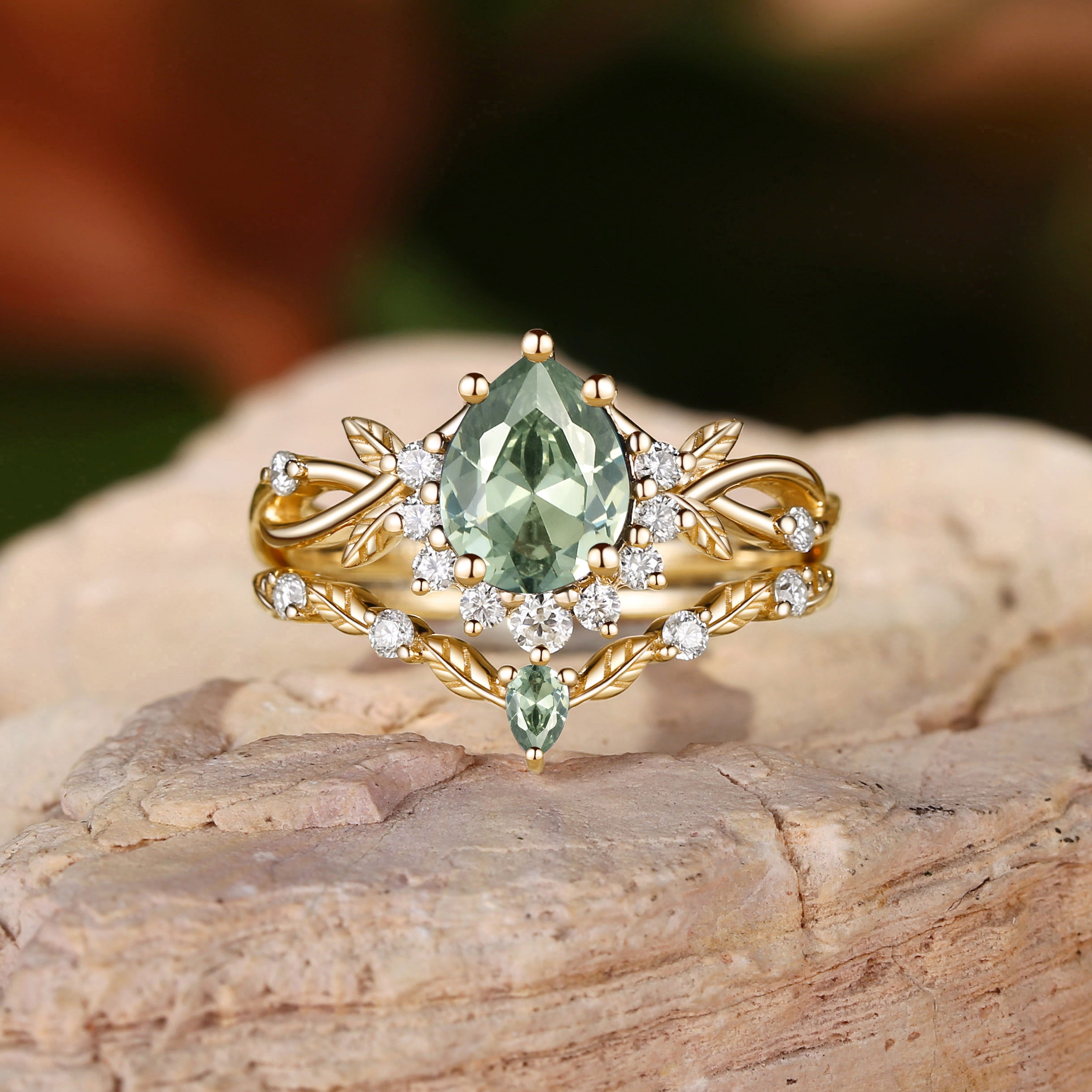 Drisana - 14K Pear Cut Lab Green Sapphire Engagement Ring Set 2pcs
