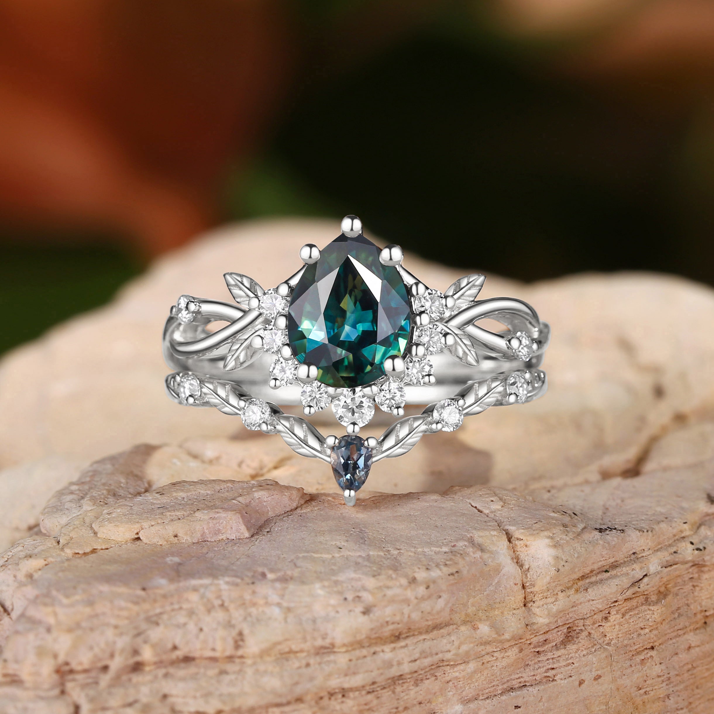 Drisana - 14K Pear Cut Natural Blue Green Sapphire Engagement Ring Set 2pcs