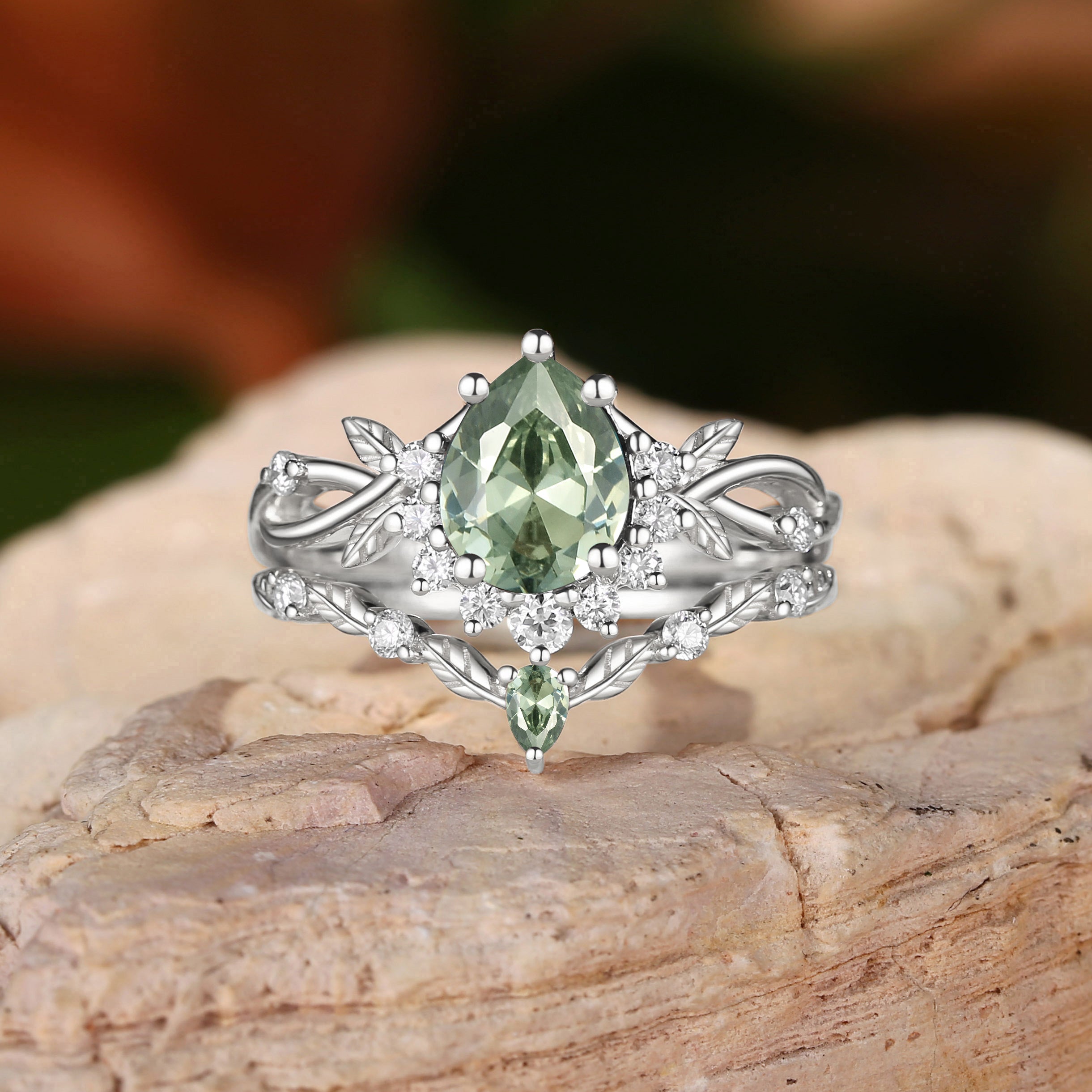 Drisana - 14K Pear Cut Lab Green Sapphire Engagement Ring Set 2pcs