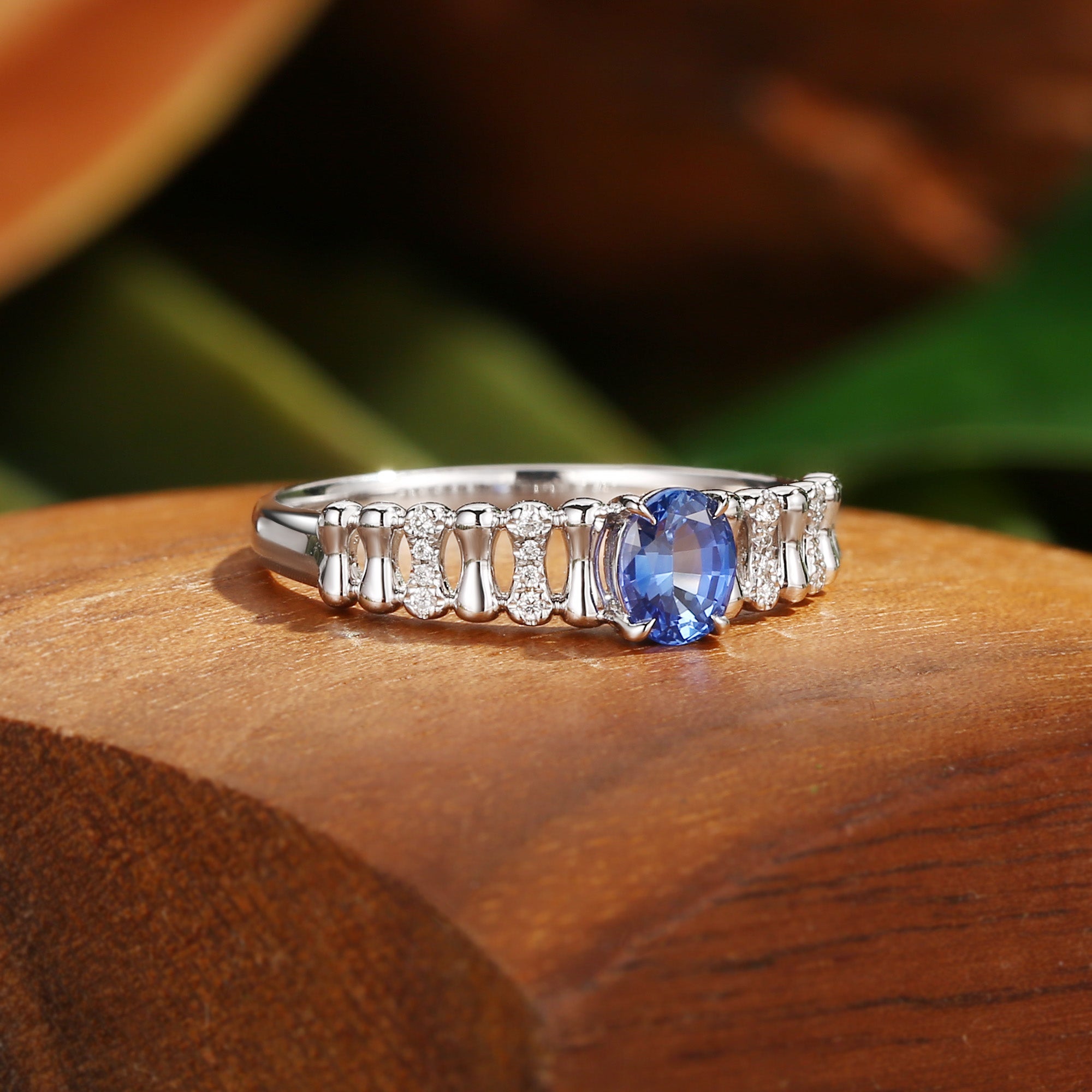 Monet's Garden-Inspired - Oval Cut Lab Royal Blue Sapphire Link Band Ring
