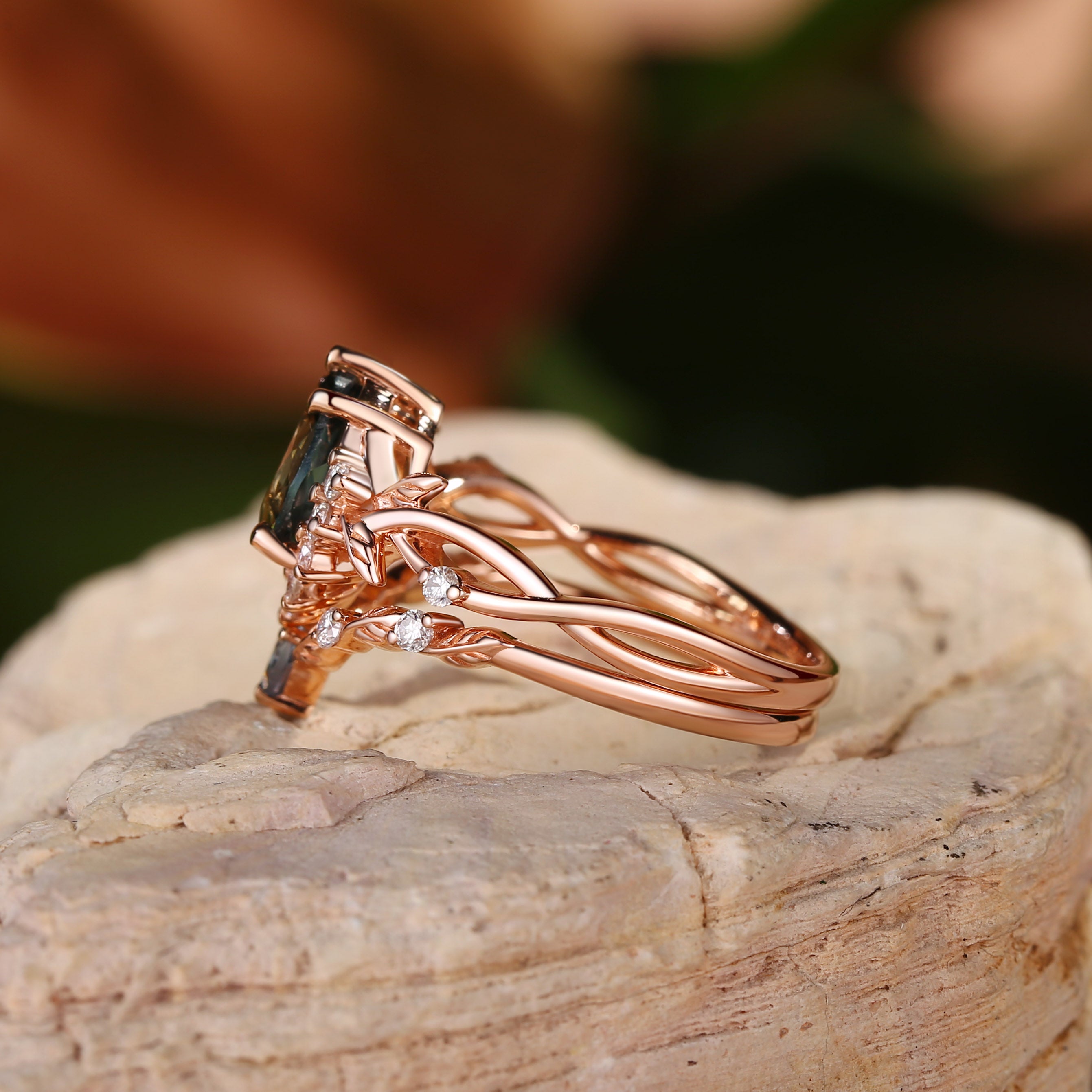 Drisana - 14K Pear Cut Lab Green Sapphire Engagement Ring Set 2pcs