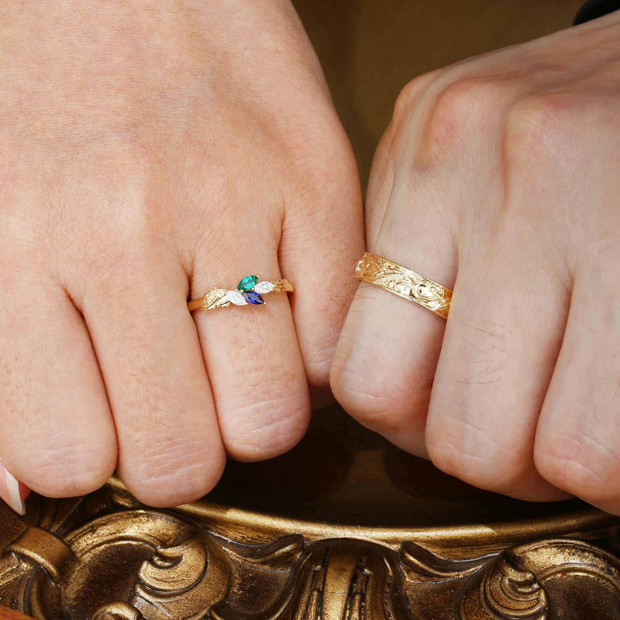 Abella - Sapphire & Emerald Promise Couple Matching Wedding Bands