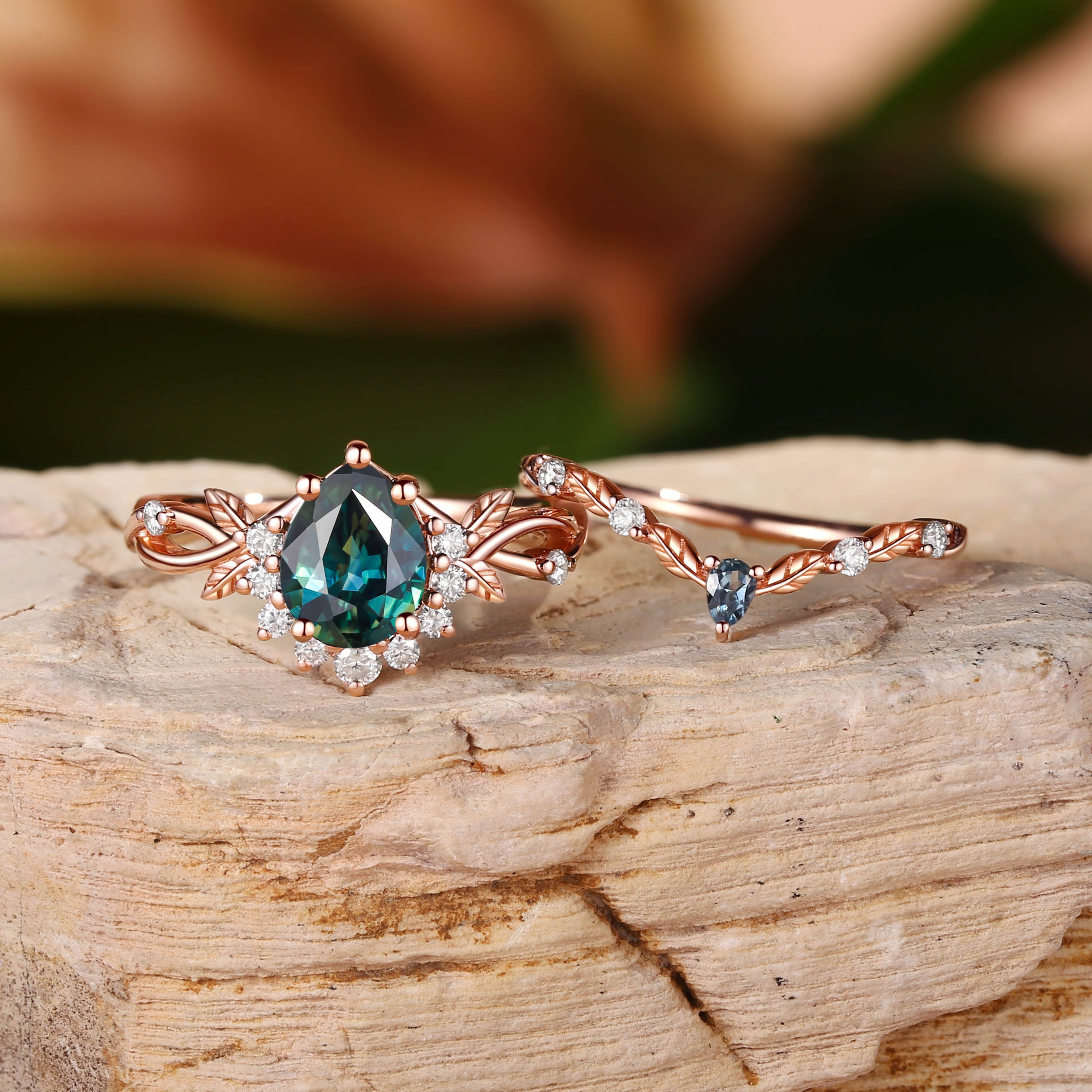 Drisana - 14K Pear Cut Natural Blue Green Sapphire Engagement Ring Set 2pcs