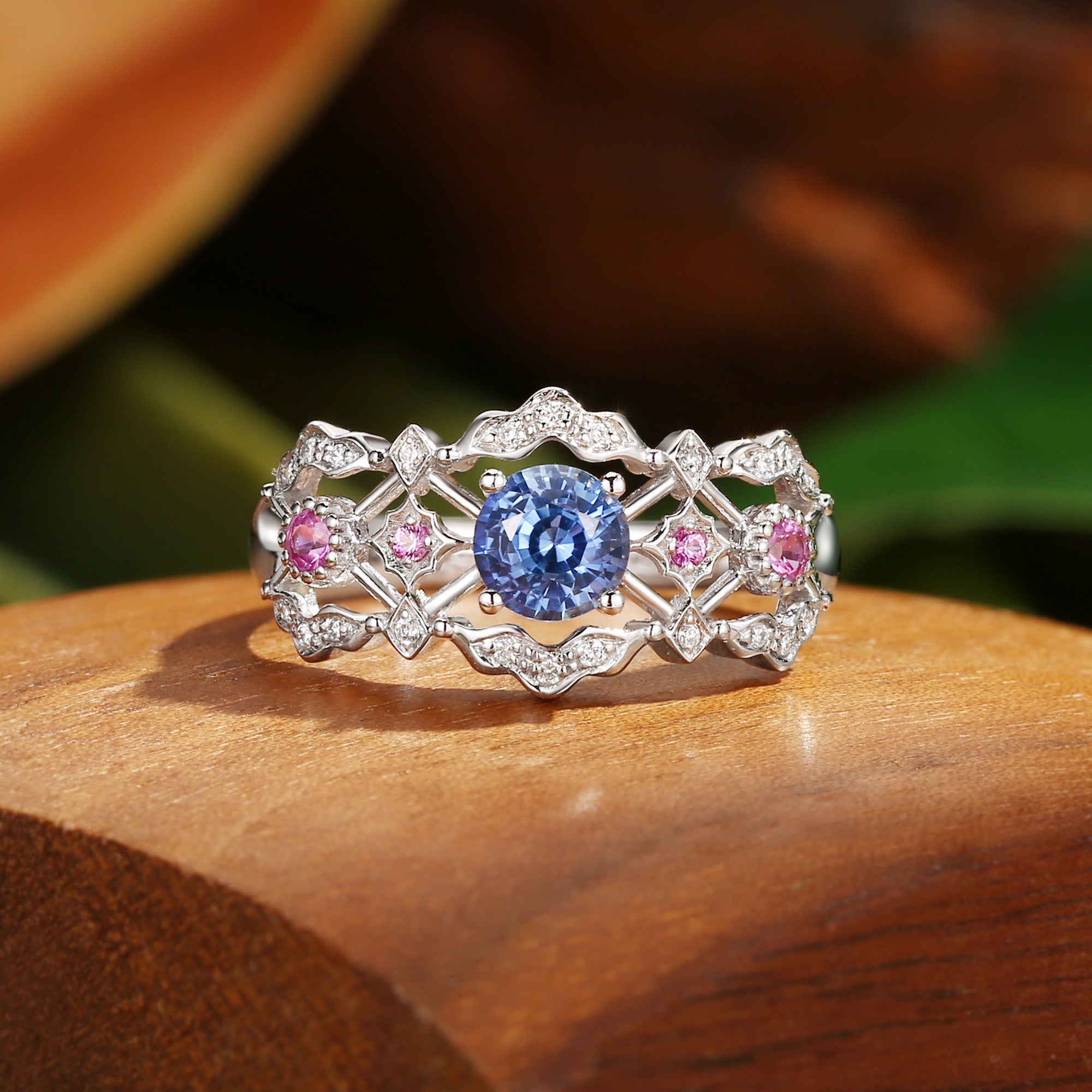 Celeste - Art Deco Round Cut Sapphire Unique Engagement Ring