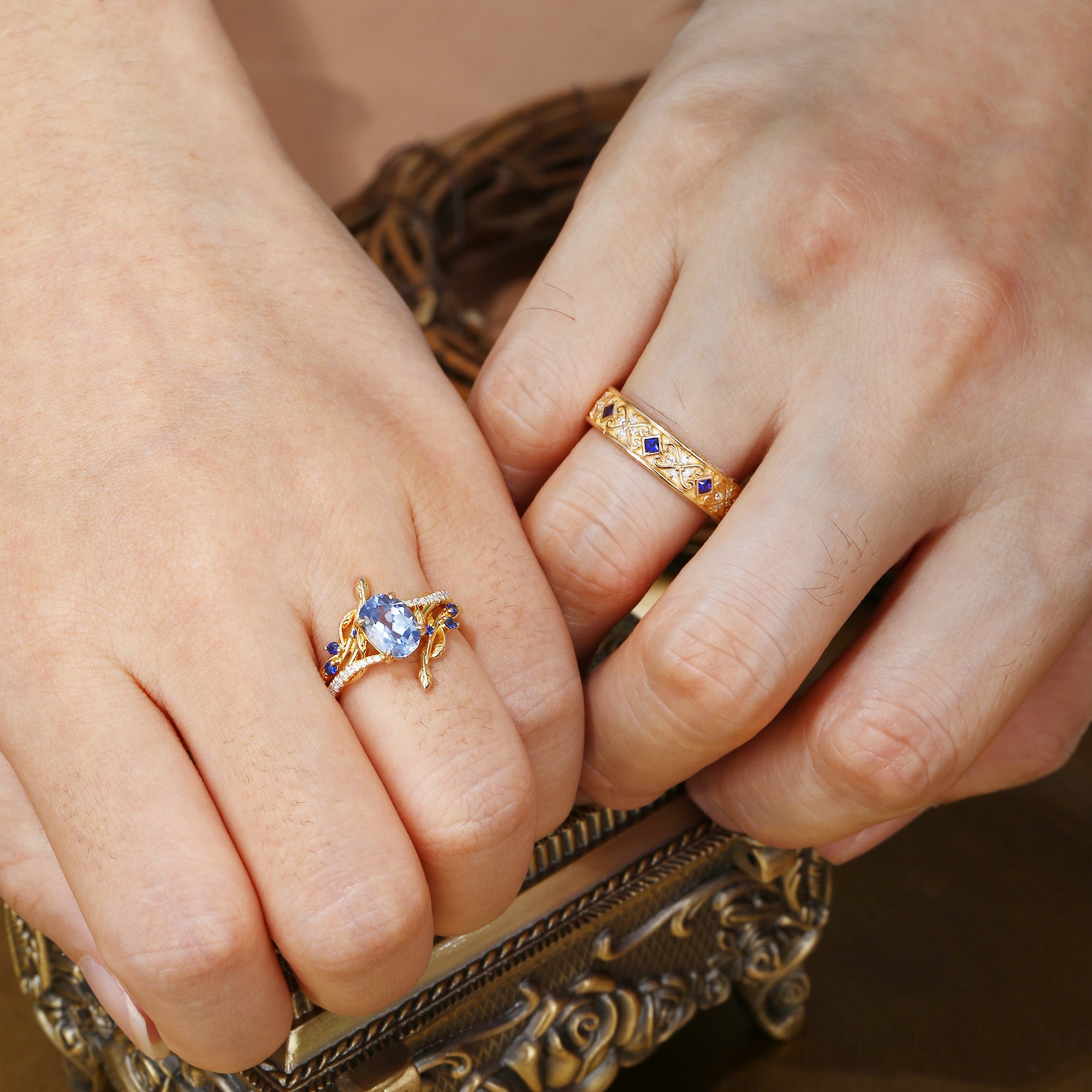 Aphne - Branch Lab Cornflower Blue Sapphire Cluster Couple Ring Set