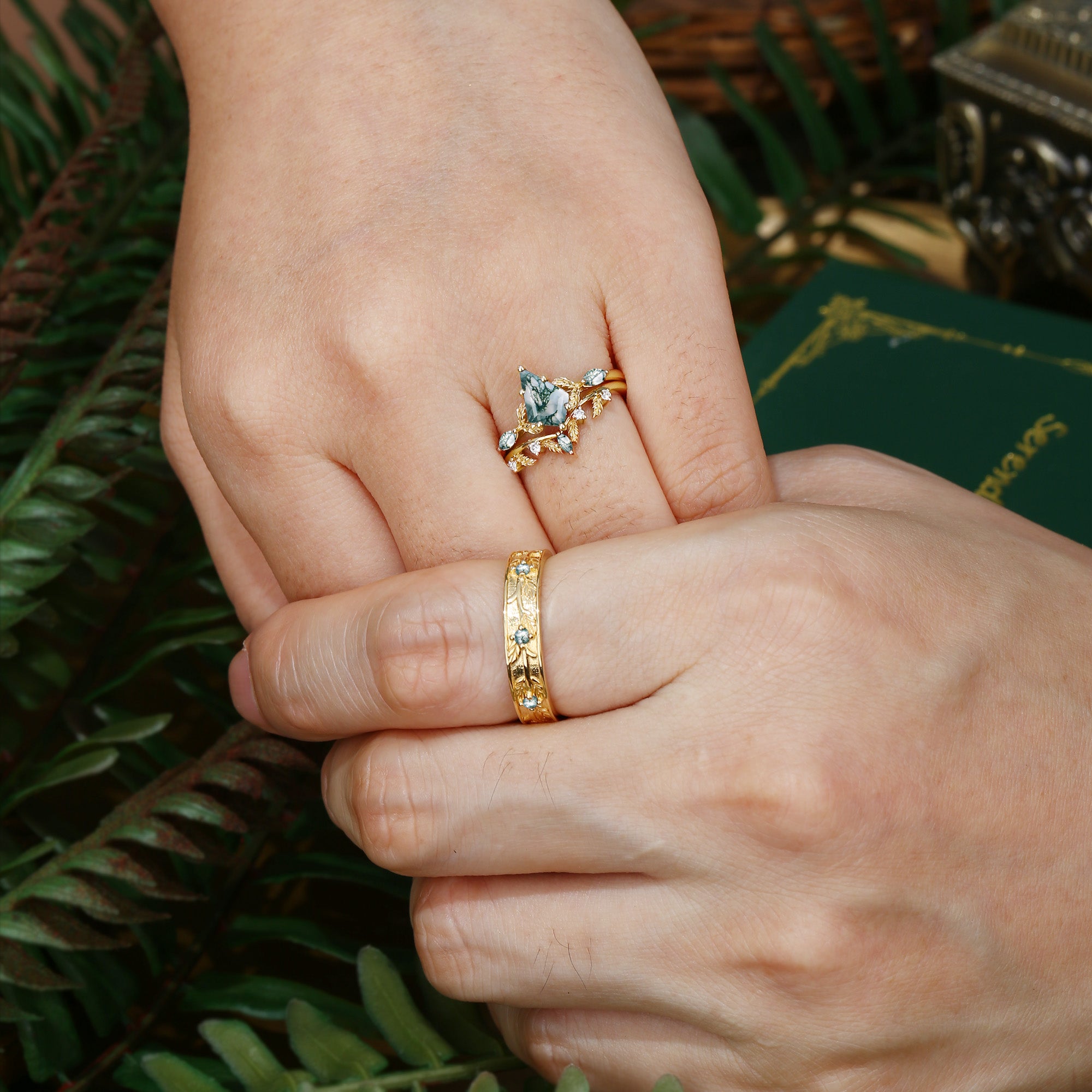 Karina - Kite Cut Moss Agate Leafy Cluster Couple Ring Set