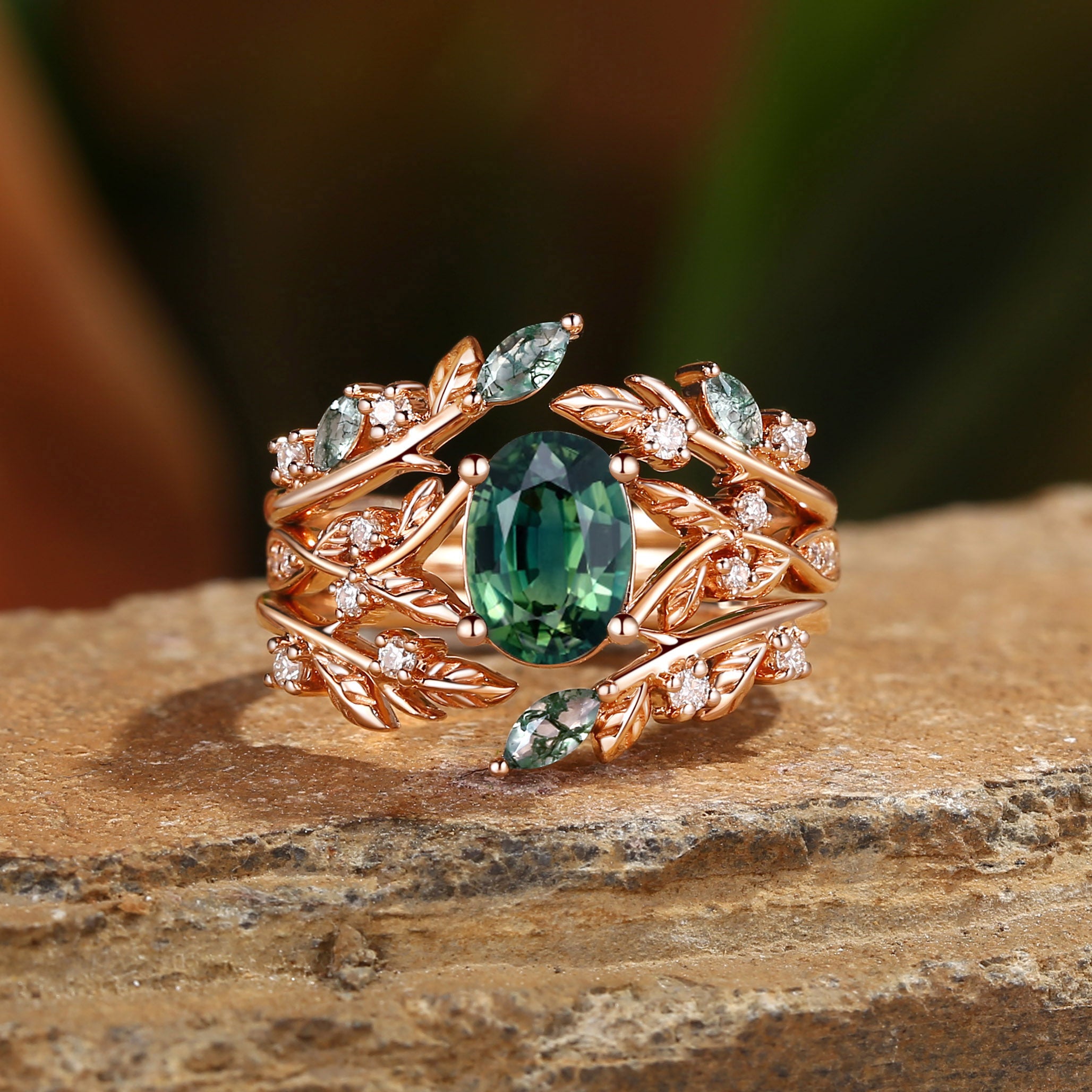 Bellamy - Natural Blue Green Sapphire Leaf Ring Set 3pcs