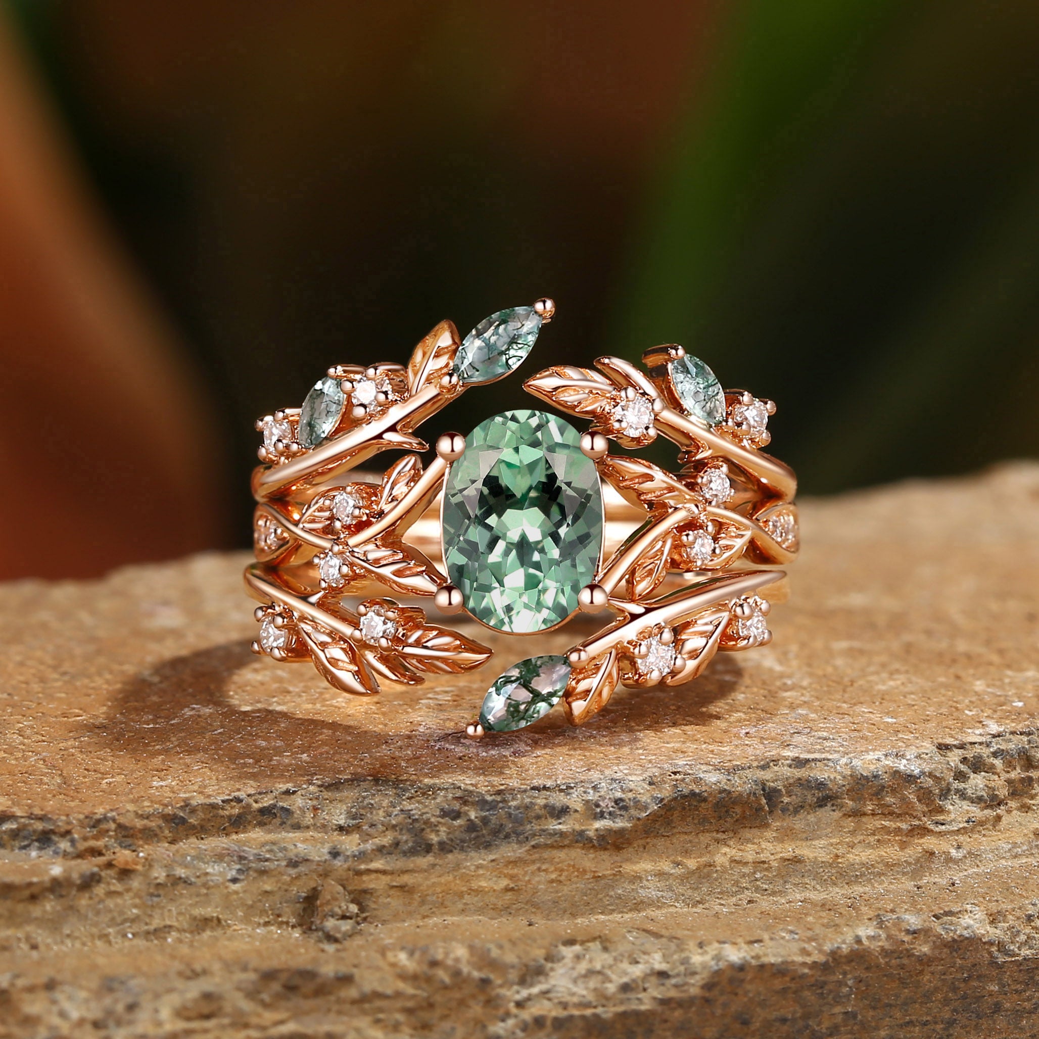 Bellamy - Oval Cut Lab Green Sapphire Leaf Ring Set 3pcs