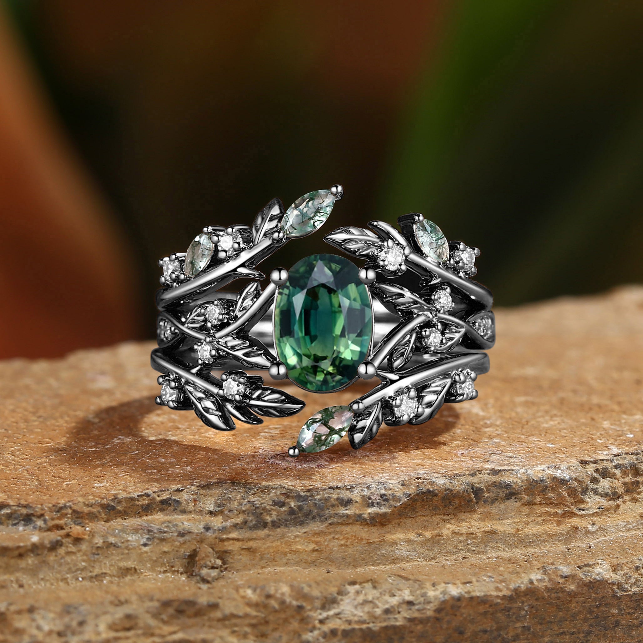 Bellamy - Natural Blue Green Sapphire Leaf Ring Set 3pcs