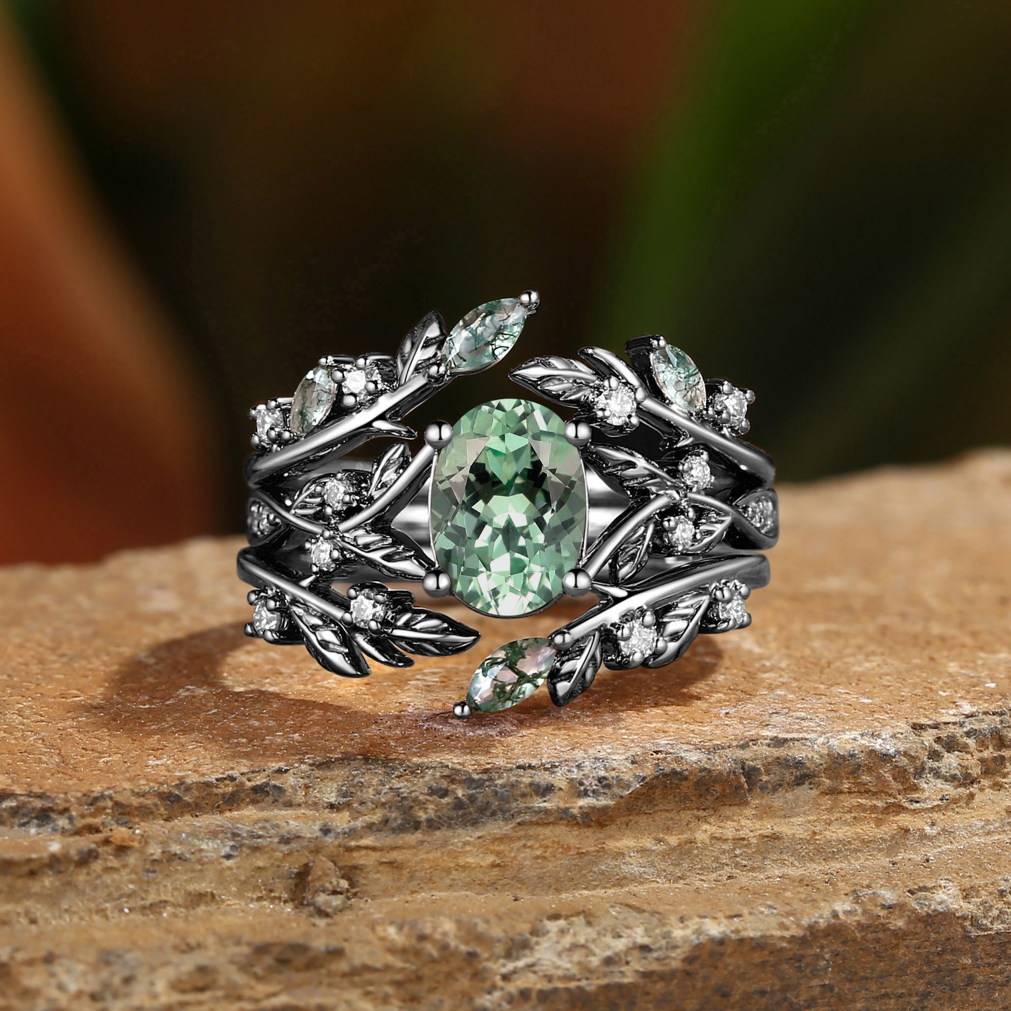 Bellamy - Oval Cut Lab Green Sapphire Leaf Ring Set 3pcs