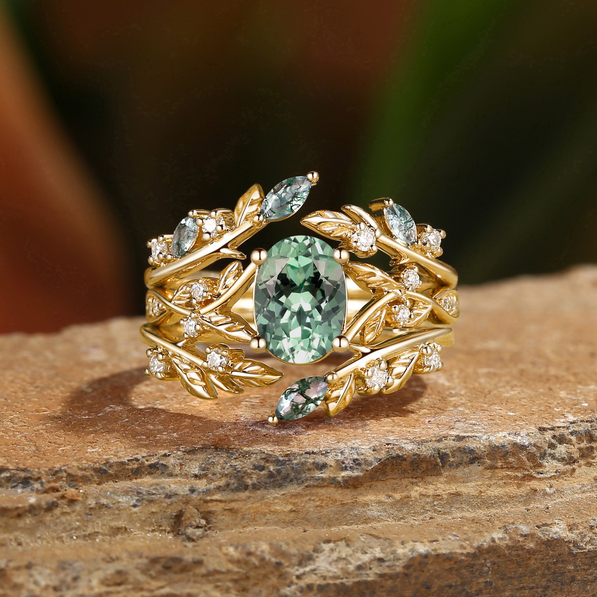 Bellamy - Oval Cut Lab Green Sapphire Leaf Ring Set 3pcs