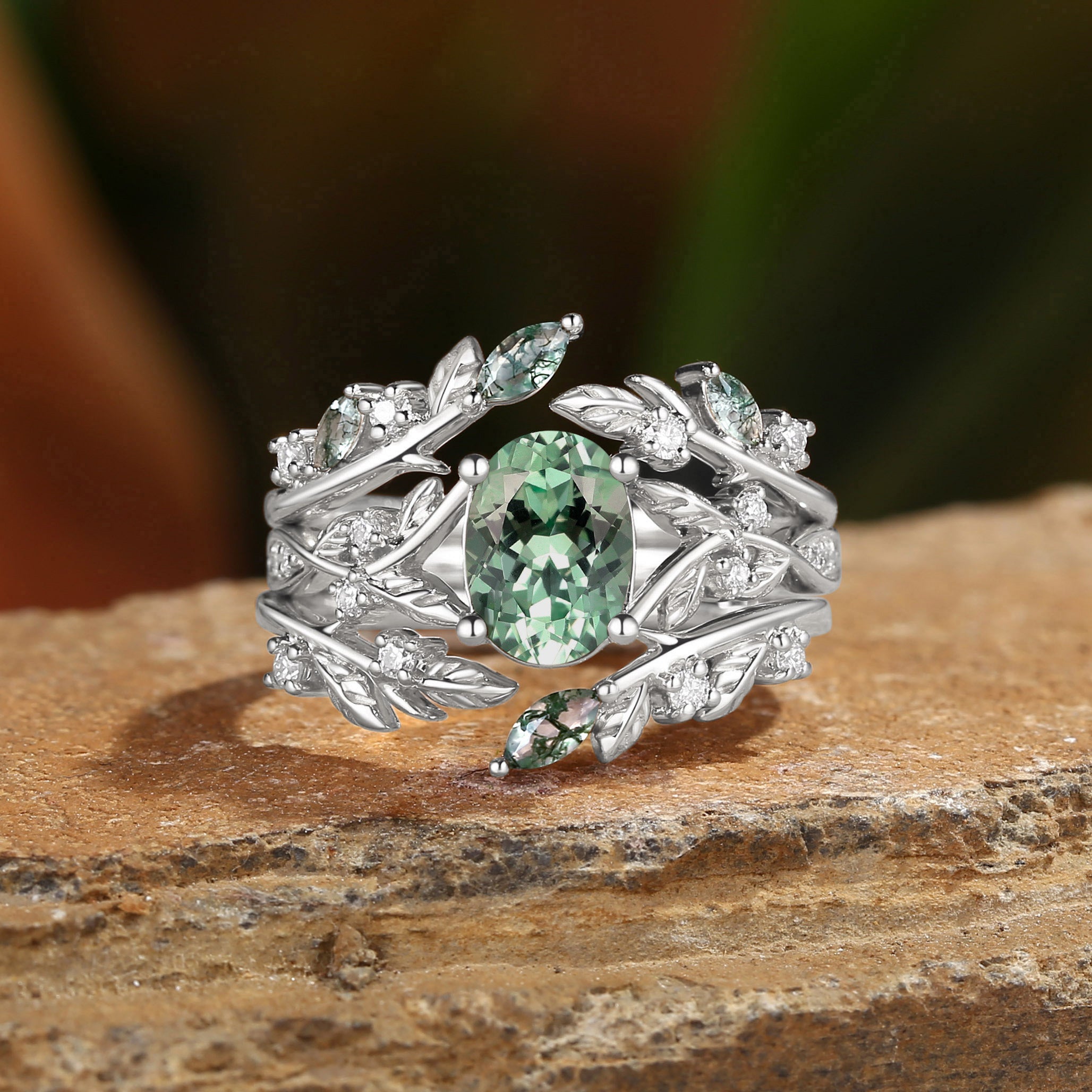 Bellamy - Oval Cut Lab Green Sapphire Leaf Ring Set 3pcs