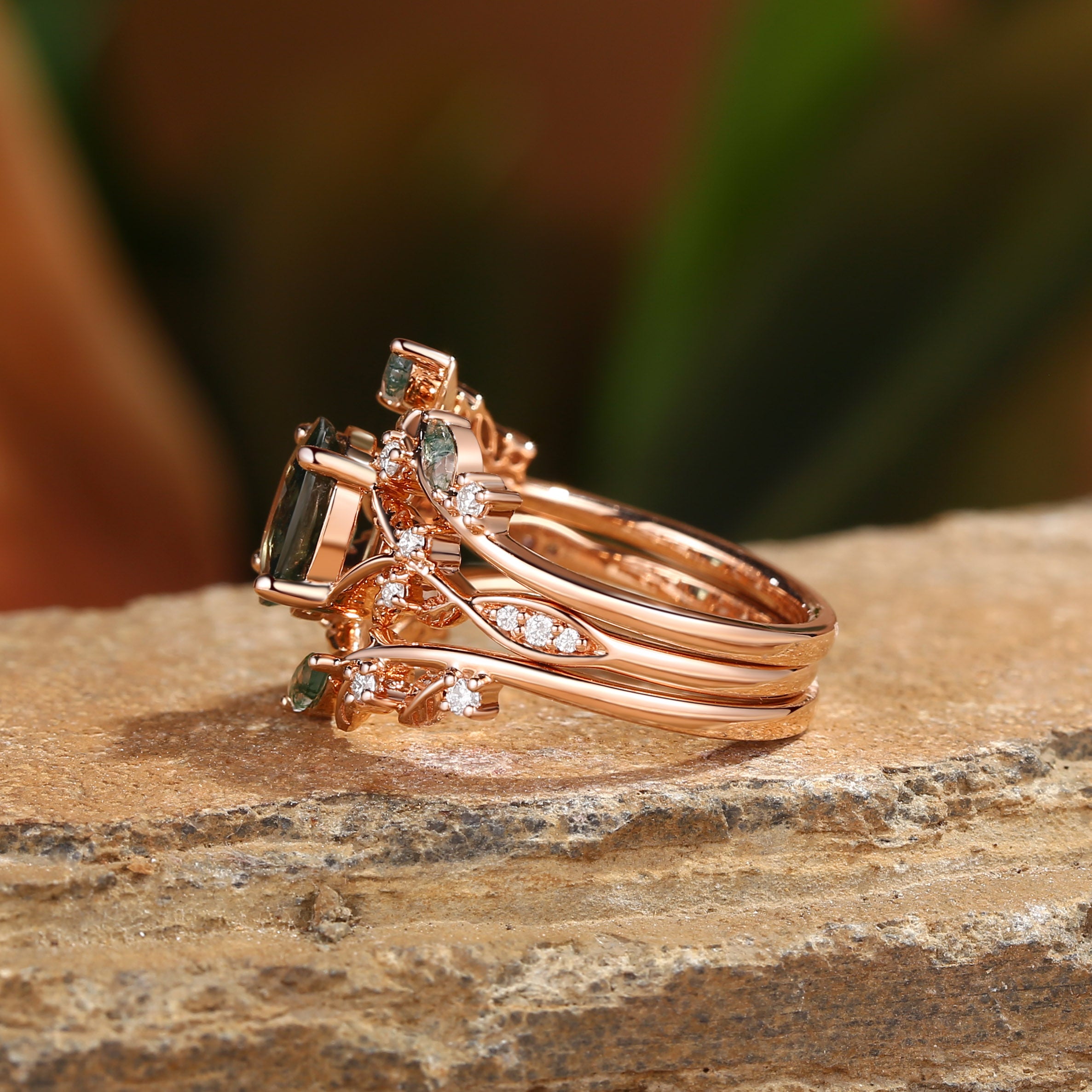 Bellamy - Natural Blue Green Sapphire Leaf Ring Set 3pcs