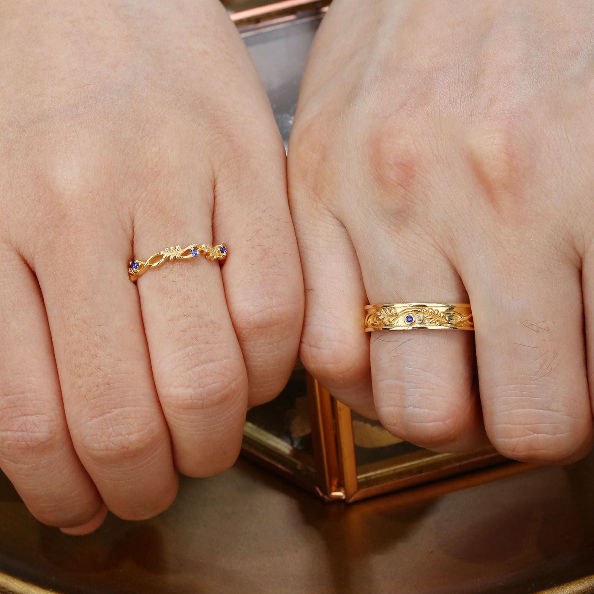 Kendria - Sapphire Oak Leaf Couple Wedding Ring Sets His and Hers