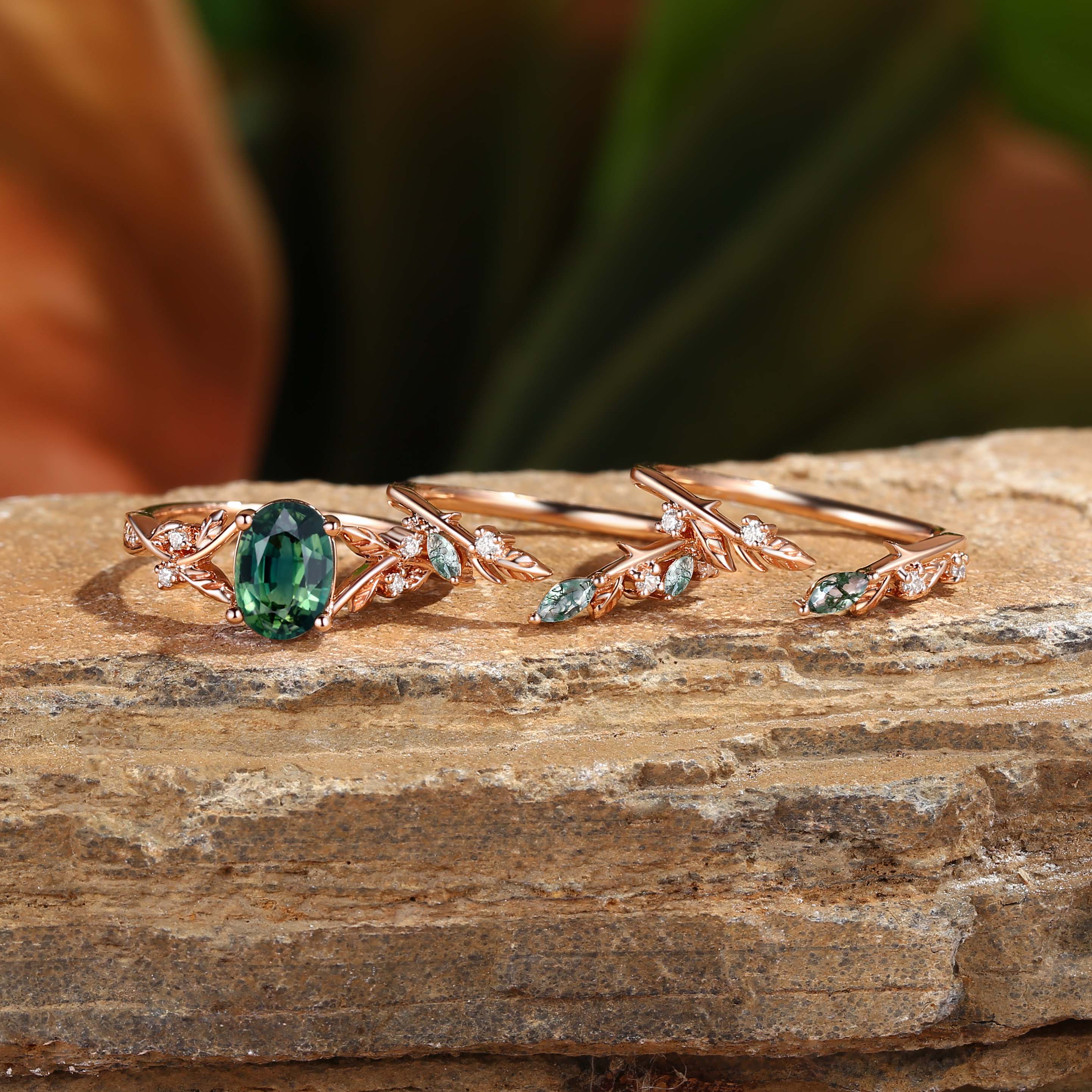 Bellamy - Natural Blue Green Sapphire Leaf Ring Set 3pcs