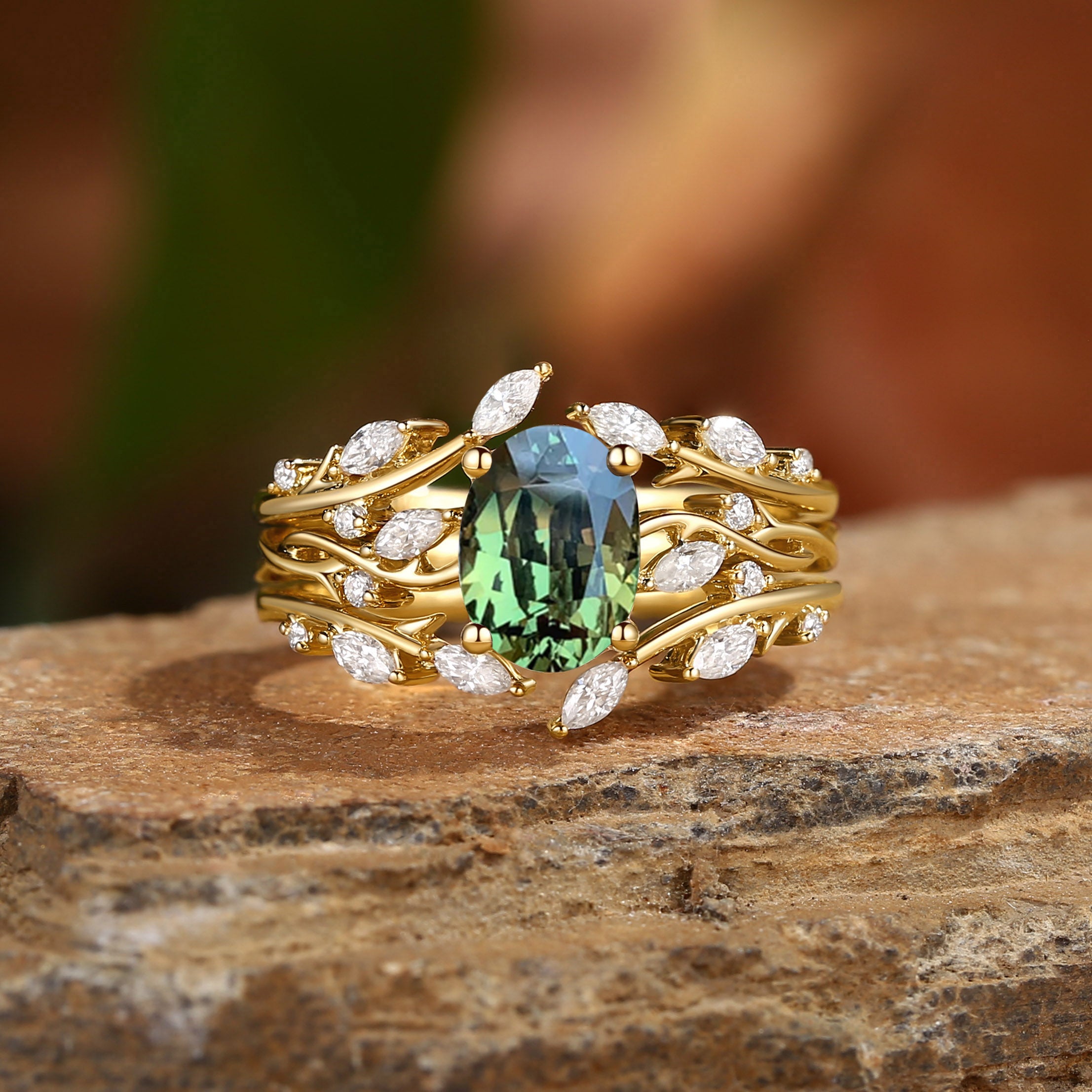 Brianna - Oval Cut Natural BLue Green Sapphire Cluster Ring Set 3pcs