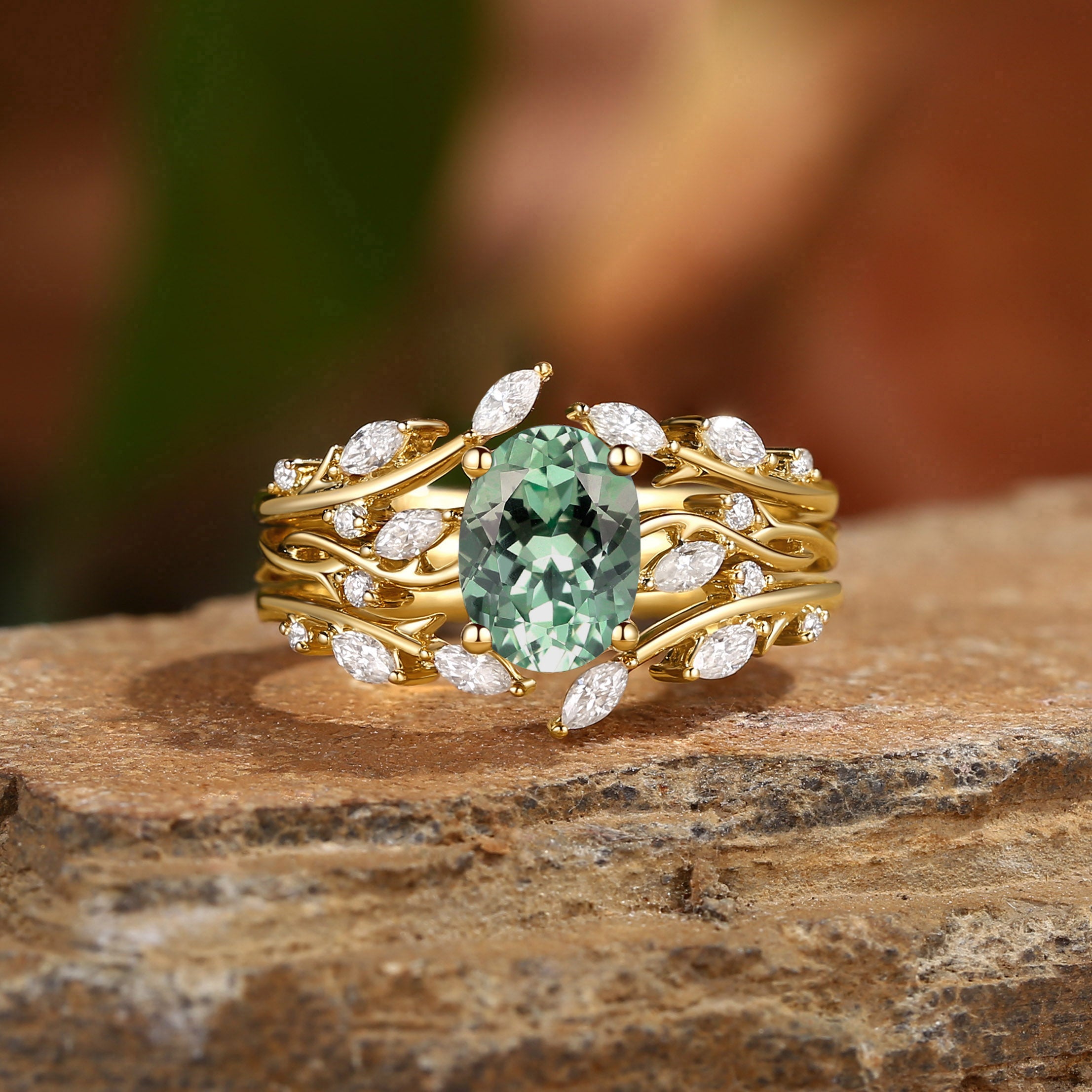Brianna - Oval Cut Lab Green Sapphire Cluster Ring Set 3pcs