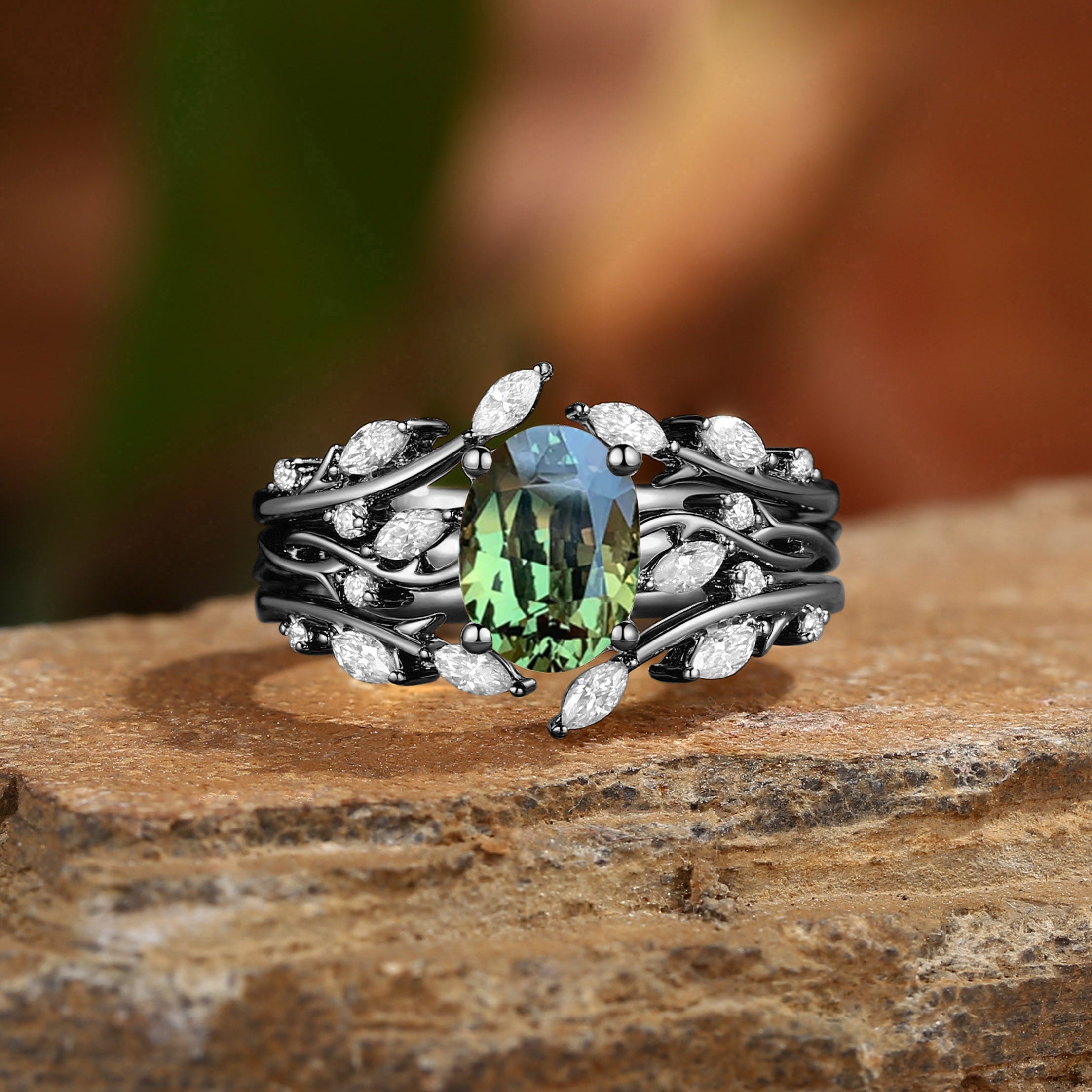 Brianna - Oval Cut Natural BLue Green Sapphire Cluster Ring Set 3pcs