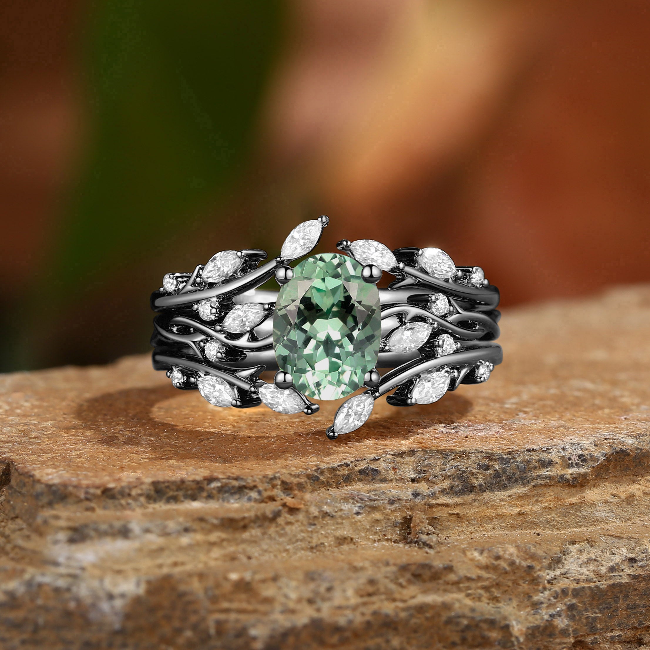 Brianna - Oval Cut Lab Green Sapphire Cluster Ring Set 3pcs